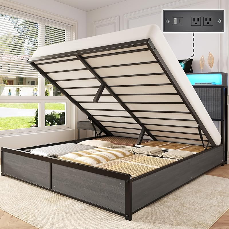 Lifezone Queen Size Lift Up Storage Bed Frame with Headboard, Charging Station and LED Lights, Metal Platform Bed, Hydraulic Lift Storage, Under-Bed Storage, No Box Spring Needed, Noise-Free, Grey