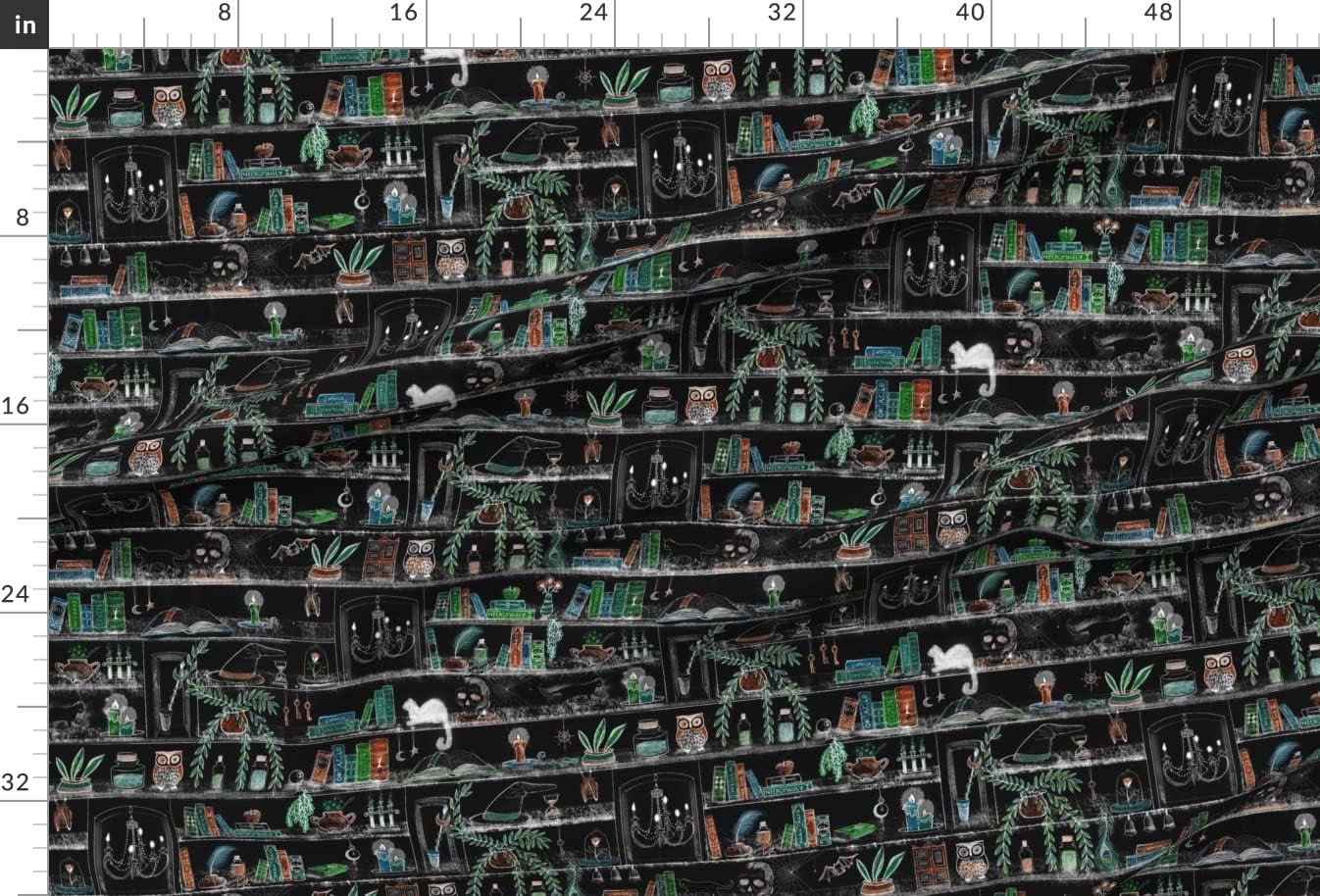 Spoonflower Fabric - Witch Bookshelf Halloween Library Goth Night Magic Printed on Upholstery Velvet Fabric Fat Quarter - Upholstery Home Decor Bottomweight Apparel