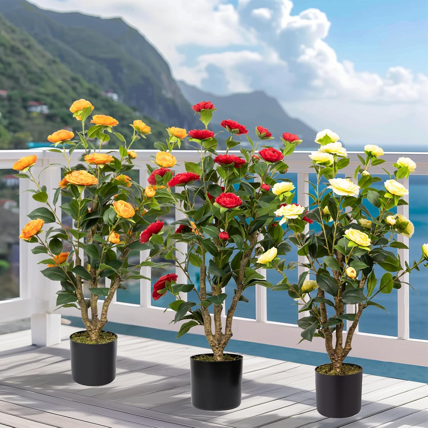 Artificial Camellia Tree, 3FT Faux Camellia Plant in Pot with Orange Flowers for Spring Home Front Door Outdoor Indoor Decoration - Image 7