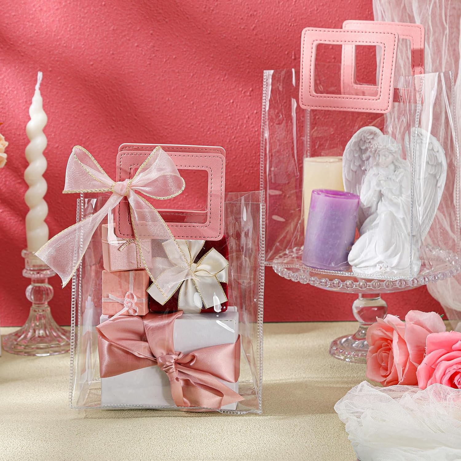 Fulmoon 12 Pcs Clear Gift Bag with Handle and Sheer Ribbon Reusable Transparent PVC Gift Bag for Bridal Party, Baby Shower, Wedding, Birthday, 7 x 4 x 8 Inch(Pink) - Image 6