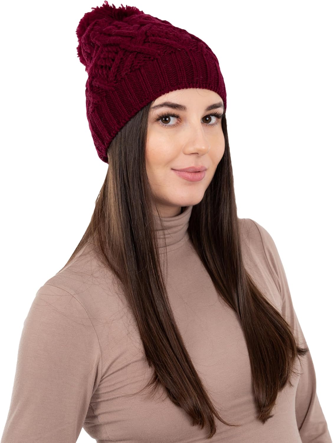 SAOL - 100% Merino Wool Irish Aran Cable Knit Bobble Hat for Women