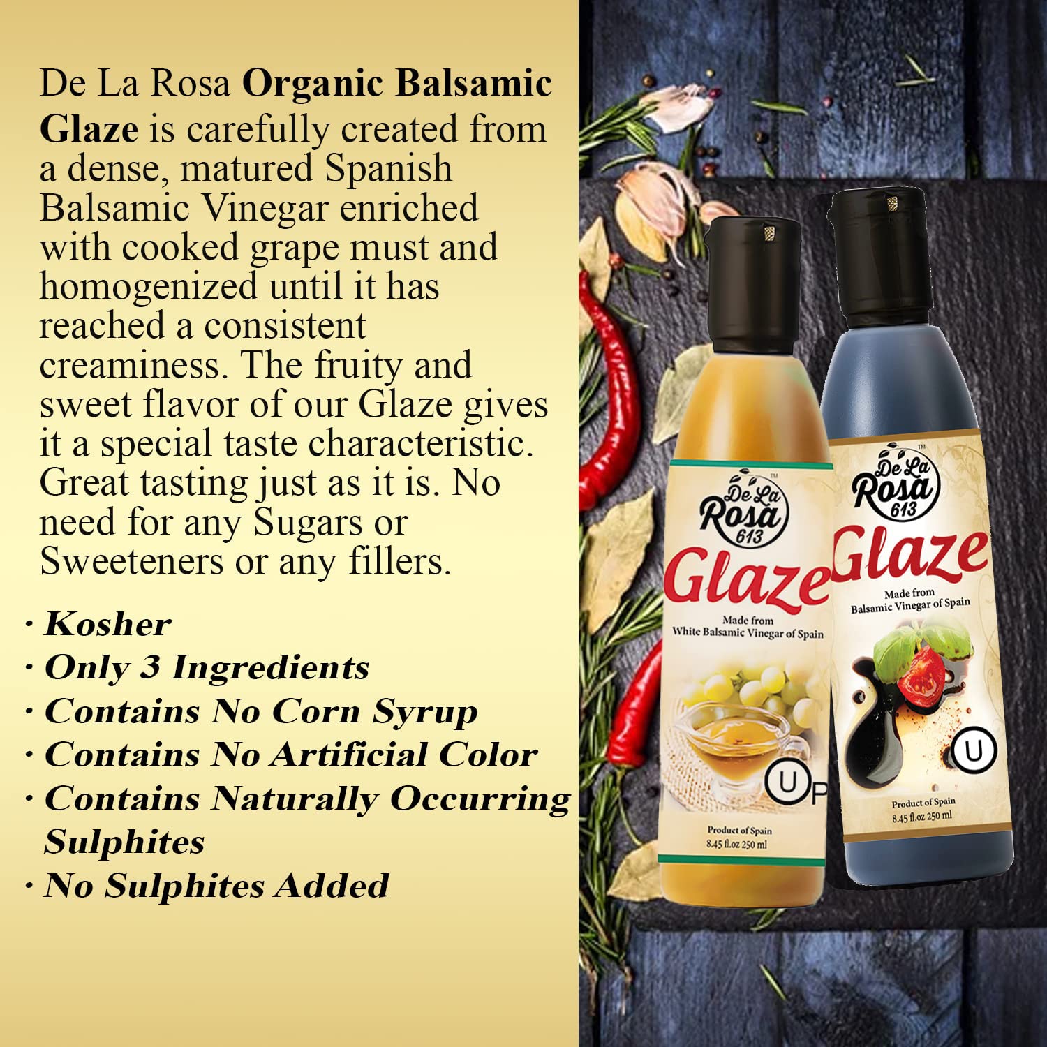 De La Rosa Dark & White Balsamic Glaze, Vegan, Kosher for Passover & Gluten Free, Great for Salad Dressings, Marinades & More, Made from balsamic Vinegar of Spain, 8.45 Oz (combo)