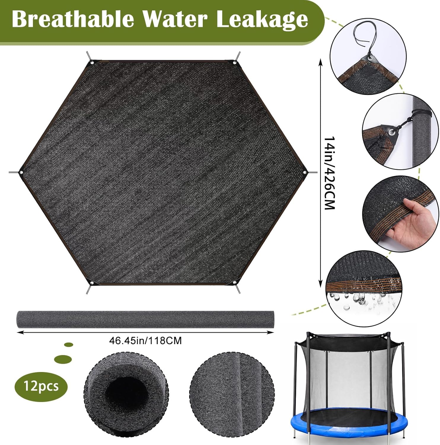 14ft 6 Poles Trampoline Shade Covers Set with 12 Pcs 1.02" Diameter Foam Pole Covers 46.5" Length, Straight Pole Round Trampoline Sun Protection Easy to Install for Backyard Playground(Black)