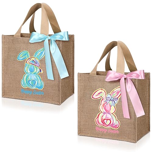 2 Pcs Easter Burlap Bags with Ribbon Bow and Handle