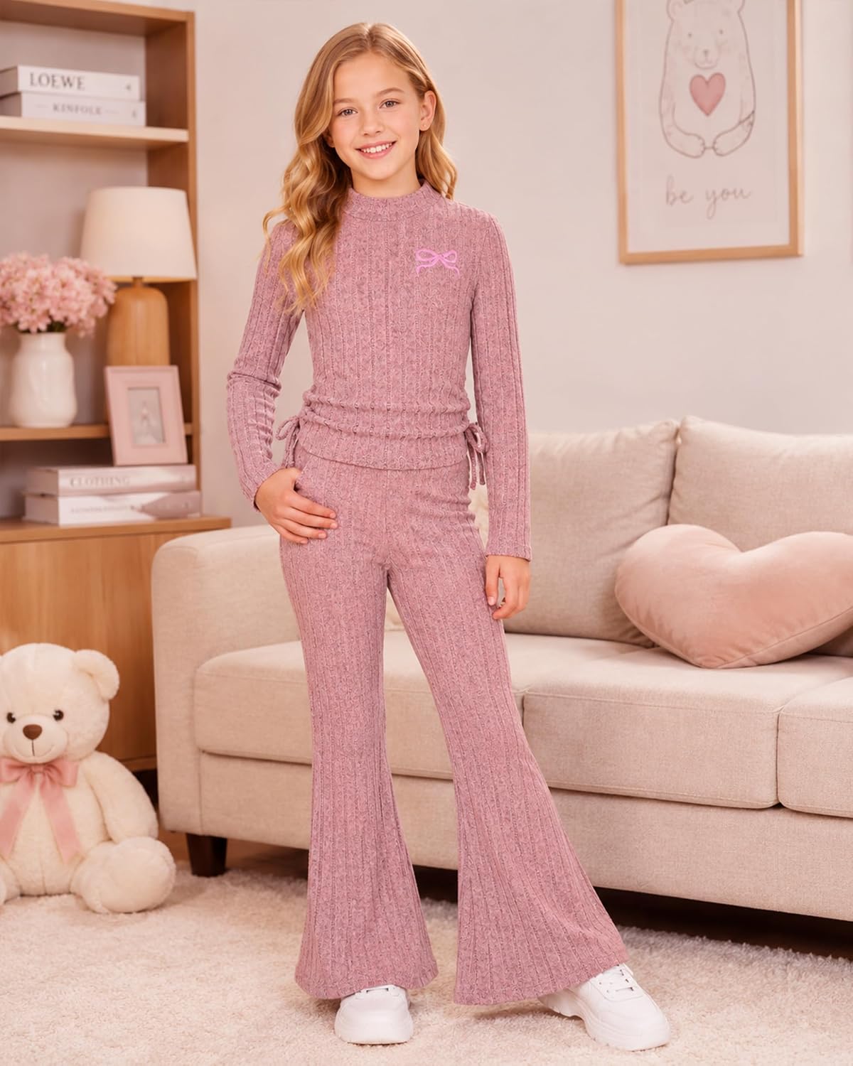 Girls 2 Piece Outfits Tween Girl Clothes Knit Bow Ruched Top Flared Pants Girls Clothing Sets Back to School Clothes