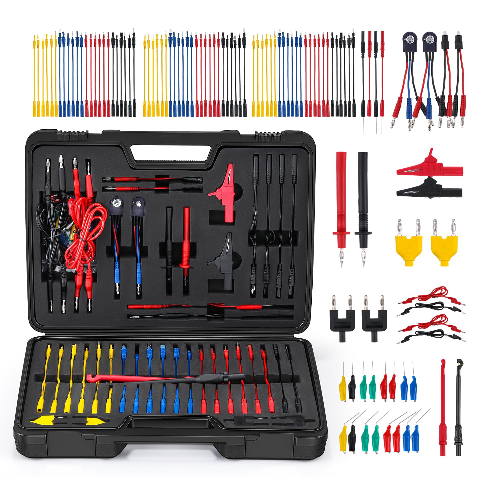 Bonvoisin 110PCS Messleitungen für Multimeter Kit für Auto Reparatur | 110-Teiliges Kfz-Prüfleitungs-Set, 72 Anschlüsse, Srs-Adapter, Led-Stroboskop, 4mm Bananenstecker, 0,5mm Durchstechsondene