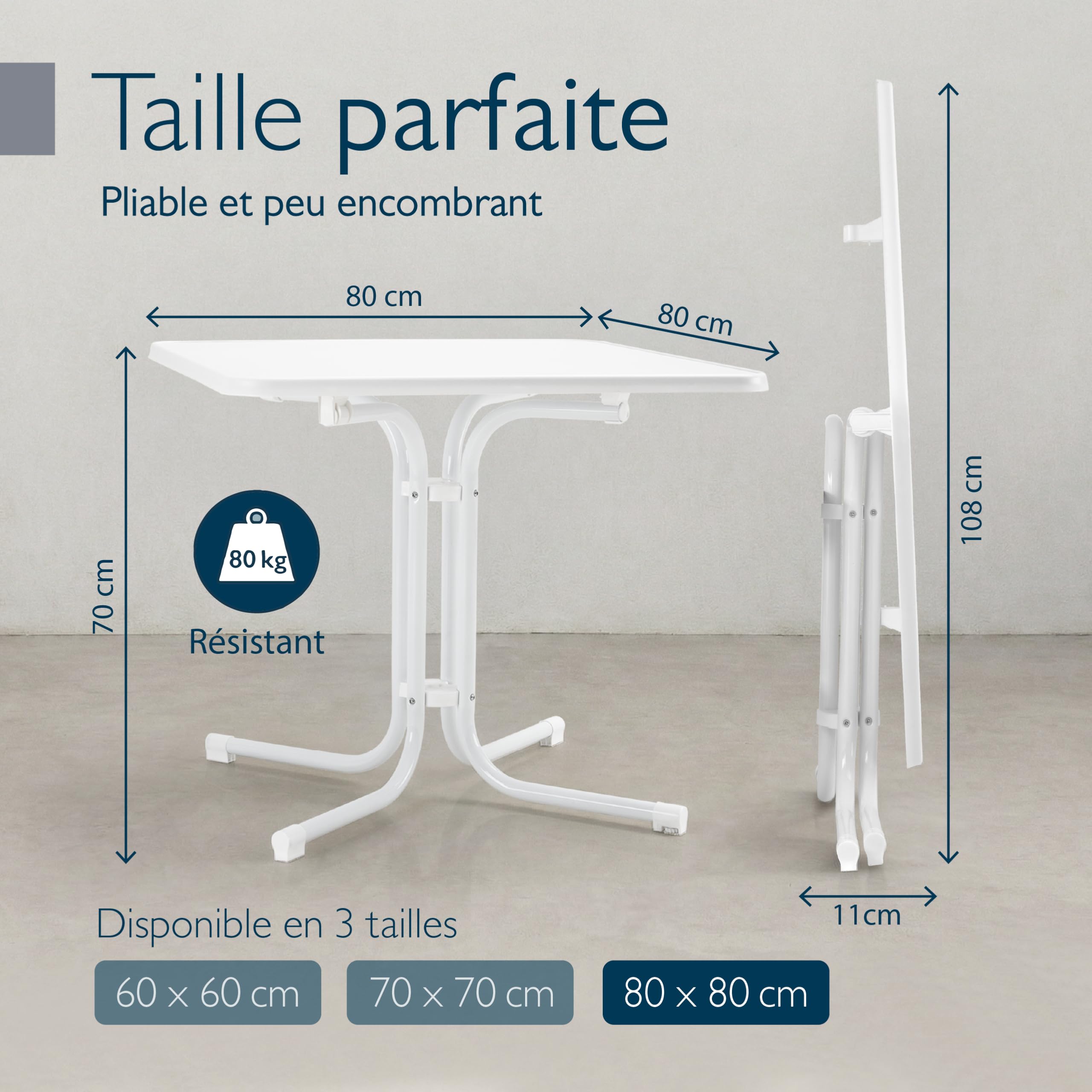 Beautissu Table Bistrot Carrée Exterieur 80x80 cm Pliante Acier Antirouille Blanc