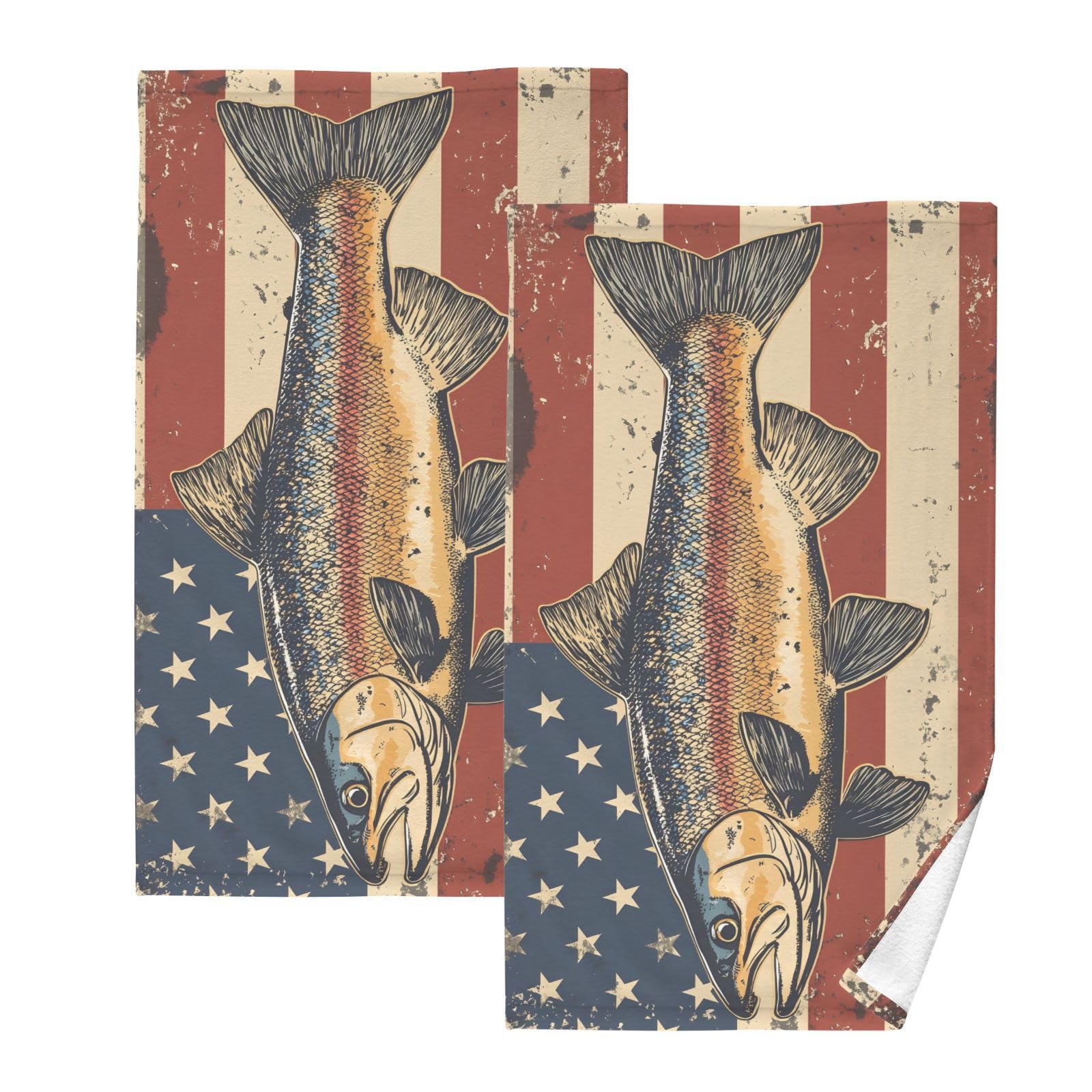 YMGQYJ Cotton Hand Towels Vintage Trout America Print 2 Pack, 16×28 in Bath Towels Lightweight Soft Absorbent for Gym Spa Bathroom
