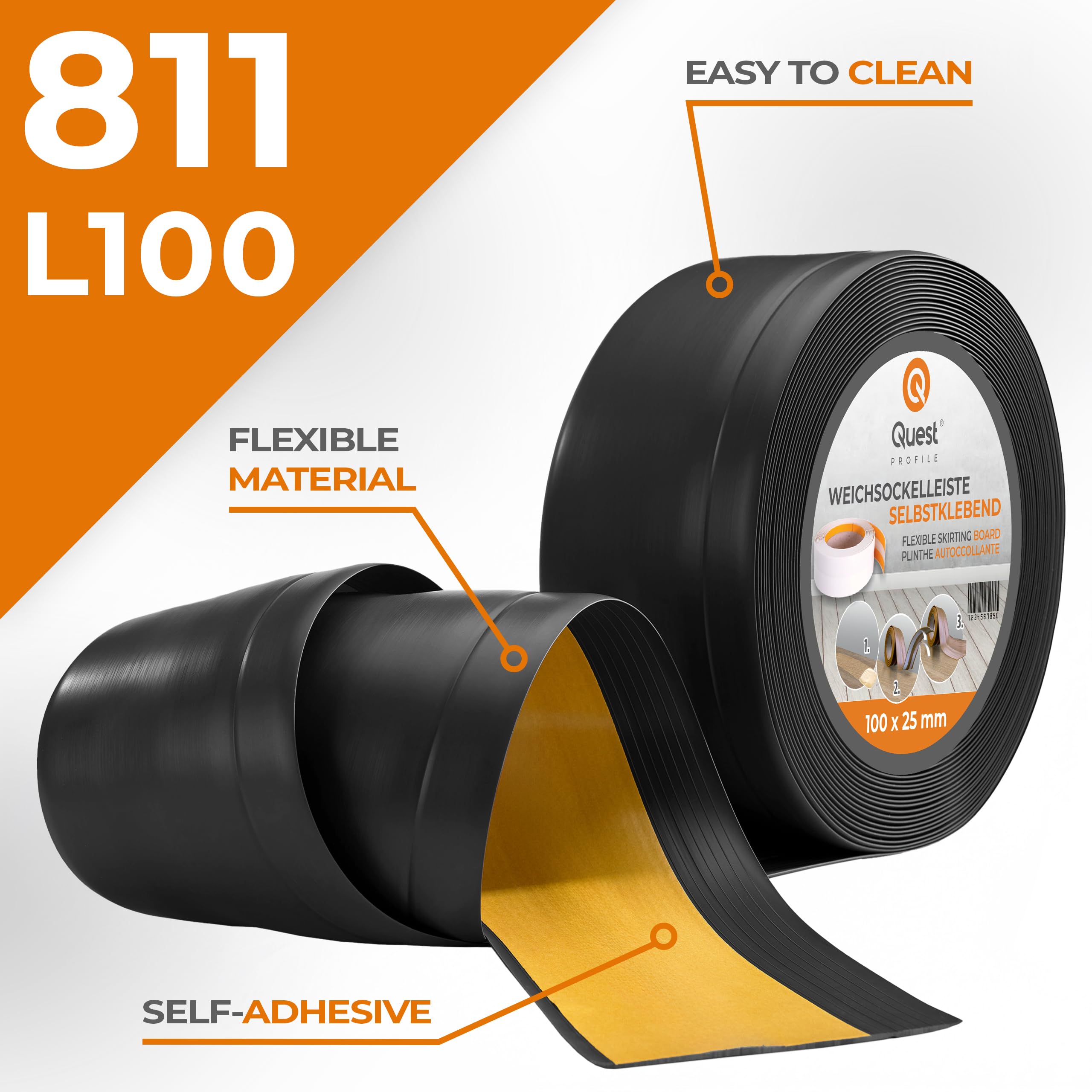 Quest listwa przypodłogowa PVC 100x25 mm samoprzylepna – czarna, 25 m | Wysoki, miękki cokół podłogowy maskujący styk ściany z podłogą, elastyczny, ochronny, łatwy montaż w domu i biurze