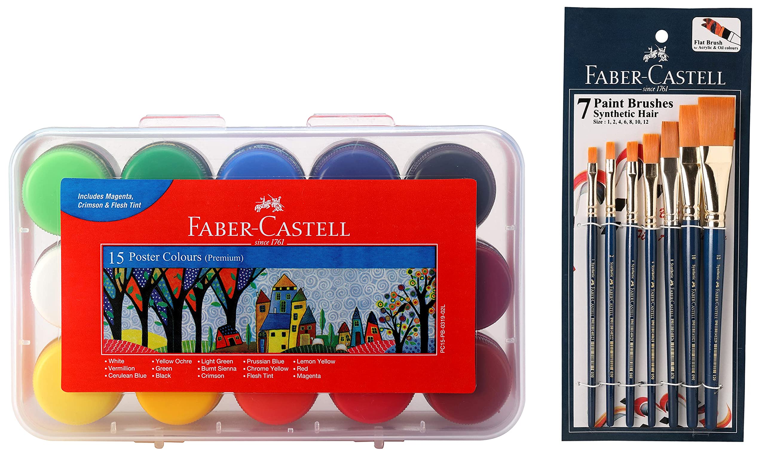 Faber-Castell Poster Color Plastic Box - Pack of 15 (Assorted) Paint Brush Set - Flat, Pack of 7 (Navy Blue)