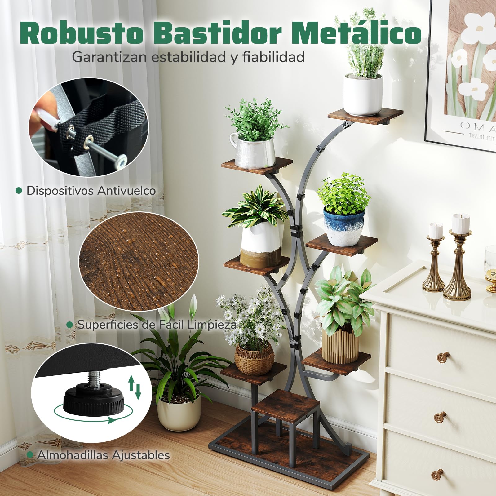 COSTWAY Soporte para Plantas de Interior con Luces de Cultivo, Estante para Plantas de Esquina de 8 Niveles, Soporte para Macetaa para Múltiples Plantas para Sala de Estar Balcón, 67 x 30 x 146 cm (1)