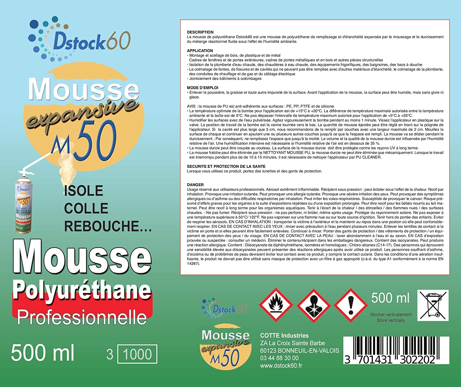 DSTOCK60 - LOT DE 36 MOUSSES EXPANSIVES MANUELLES 500 ML - MOUSSE POLYURETHANE PROFESSIONNELLE - ISOLE, COLLE, REBOUCHE - EXTERIEUR ET INTERIEUR