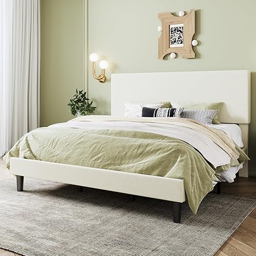 Miniatura 14 de SHA CERLIN Base de cama de plataforma de tamaño matrimonial con cabecera ajustable y soporte de listones de madera, base de colchón tapizada Boucle,