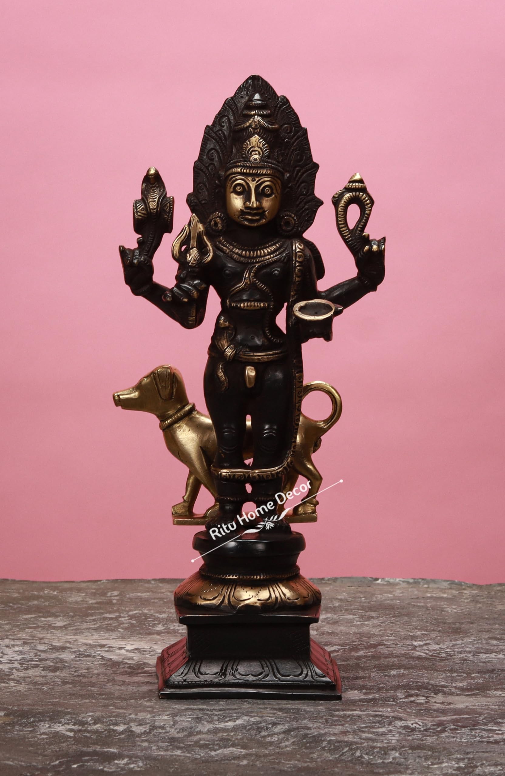 Brass Antique Finish Vintage Look Bhairav Statue with Dog Figurine Mahakaal Mahadev Shiva Idol Sculpture Durga Kali Deity Kaal Bhairav Figurine