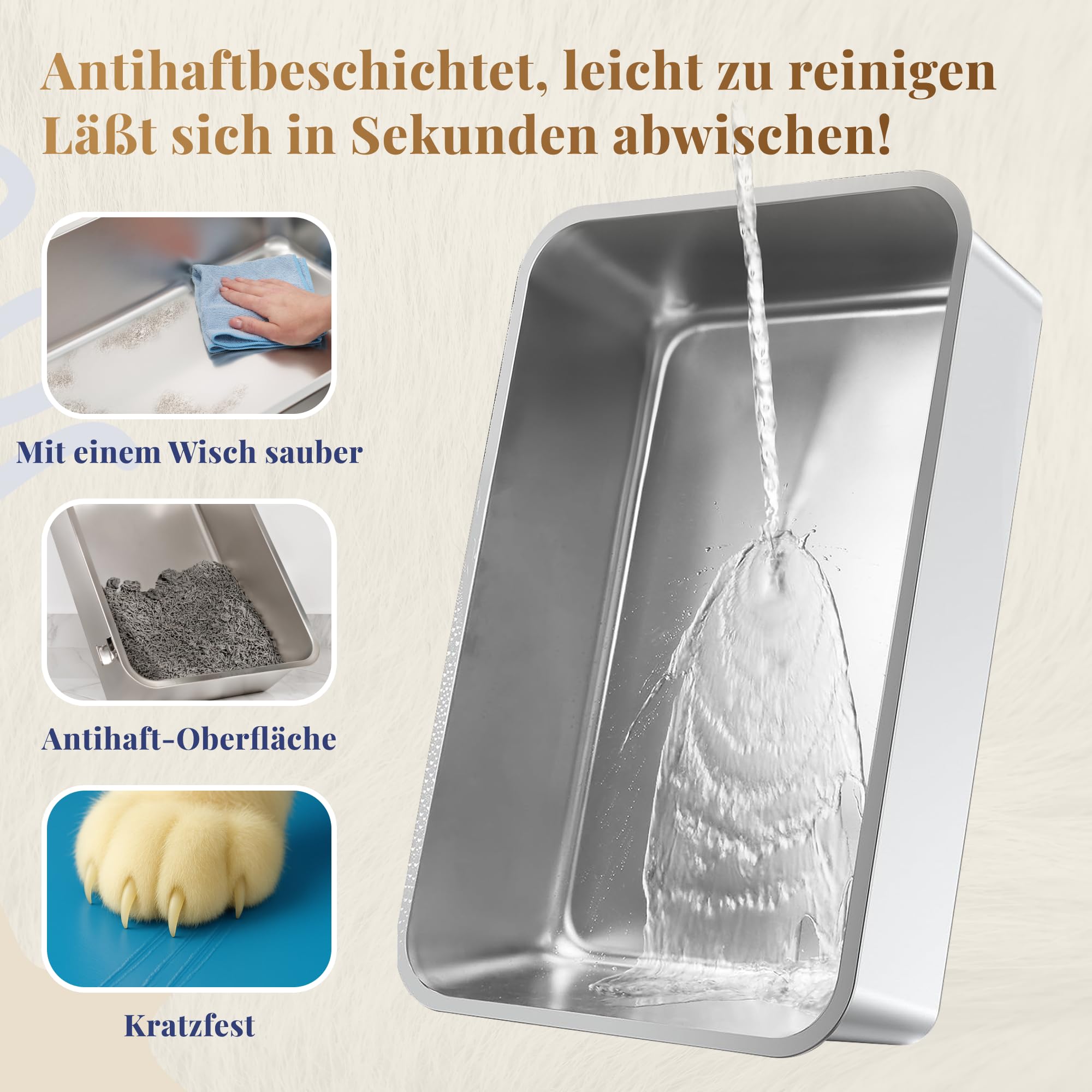 Lettiera per gatti in acciaio inox, XXL, facile da pulire, resistente agli odori, 60 x 40 x 15 cm, rivestimento antiaderente, adatta per gatti grandi e piccoli, conigli