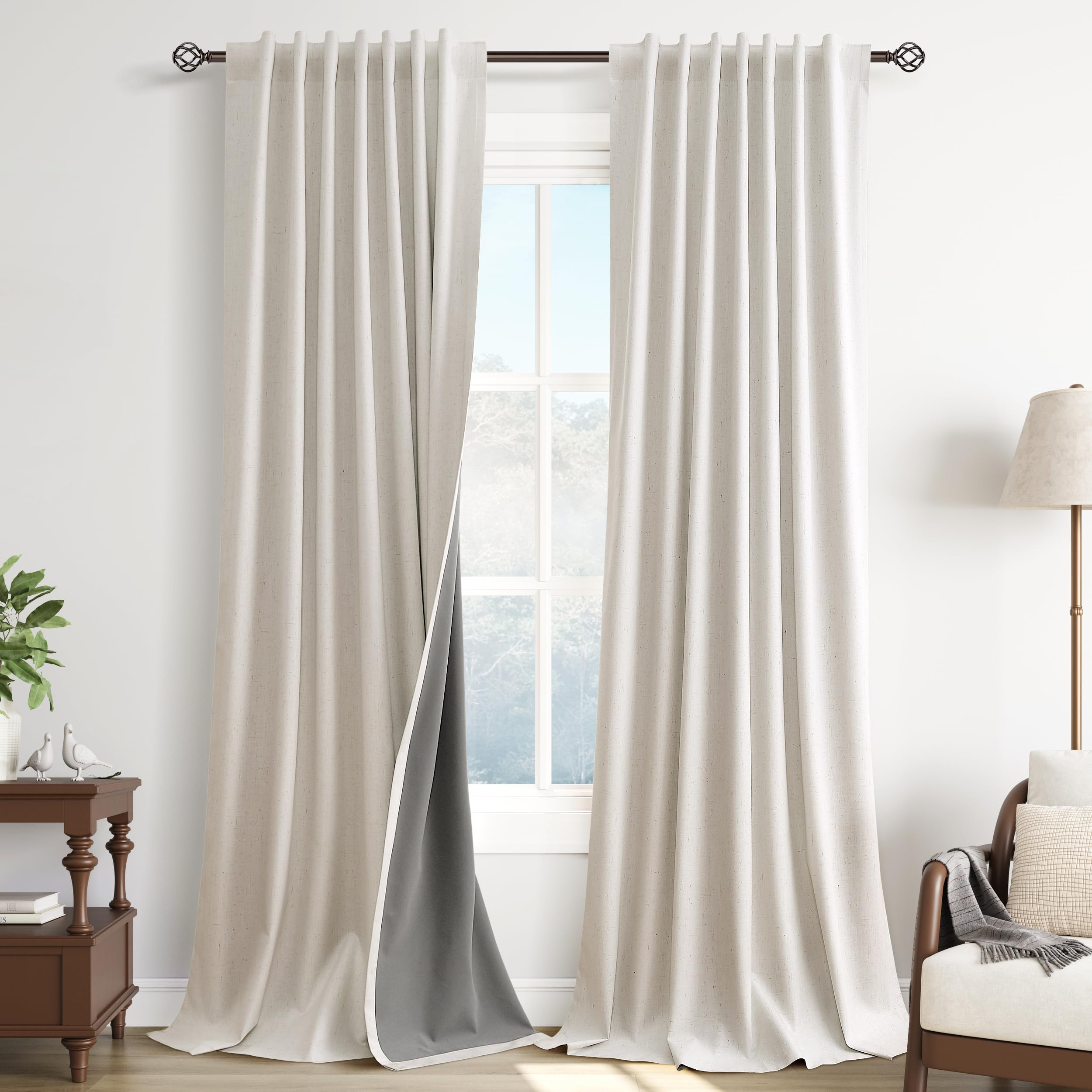 Photo 1 of 100% Blackout Linen Curtains 84 Inch Length 2 Panels Set Neutral Boho Farmhouse for Bedroom Windows Living Room Darkening Thermal Insulated Drapes Beige Cream Ivory 7ft Long Back Tab Pleated Pocket