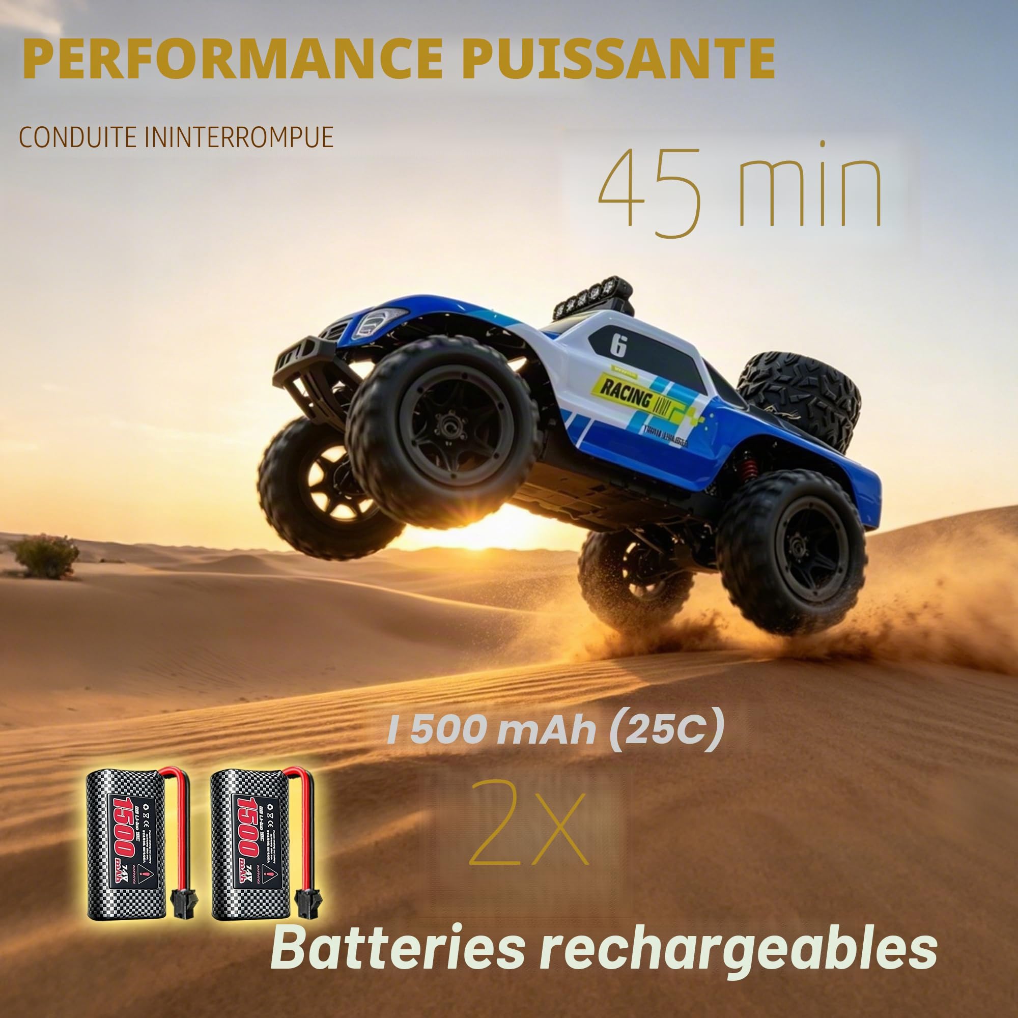 Voiture RC 1:18 4×4, véhicule télécommandé Tout‑Terrain Haute Vitesse 40 km/h avec 2 Batteries (45 Min d'autonomie), Camion Tout‑Terrain étanche IPX4 adapté au Sable, à la Boue et à la Neige