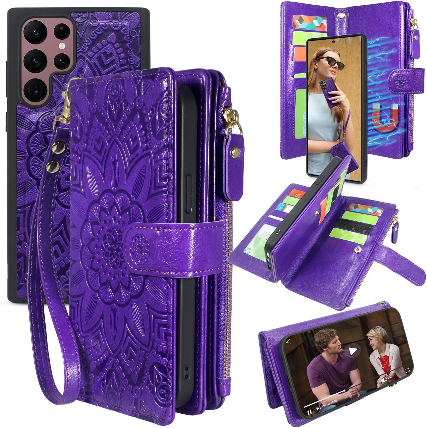 Harryshell Detachable Magnetic Zipper Wallet Leather Case with Cash Coin Pocket 12 Card Slots Holder Wrist Strap Lanyard for Samsung Galaxy S22 Ultra (2022) Flower (Purple)