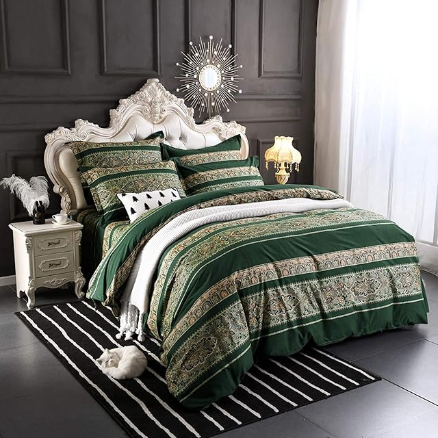 Lanqinglv Bohemian Duvet Cover Set King Size Dark Green Boho Floral Vintage Printed Bedding Sets Microfiber Indian Quilt Covers With Zipper Closure and 2 Pillowcases 50x75cm
