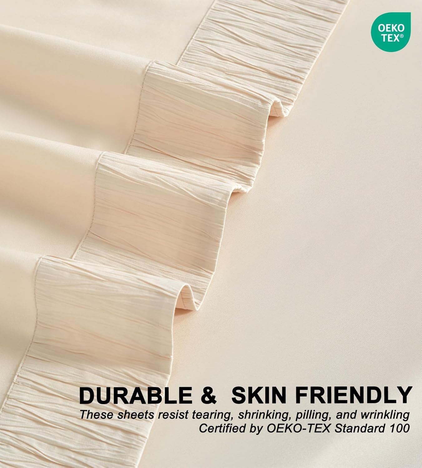 Beige Queen Sheet Set - Boho Ruched, Soft Aesthetic 4 Piece Bedding, Breathable, Cooling, Easy Care, 14" Deep Pocket