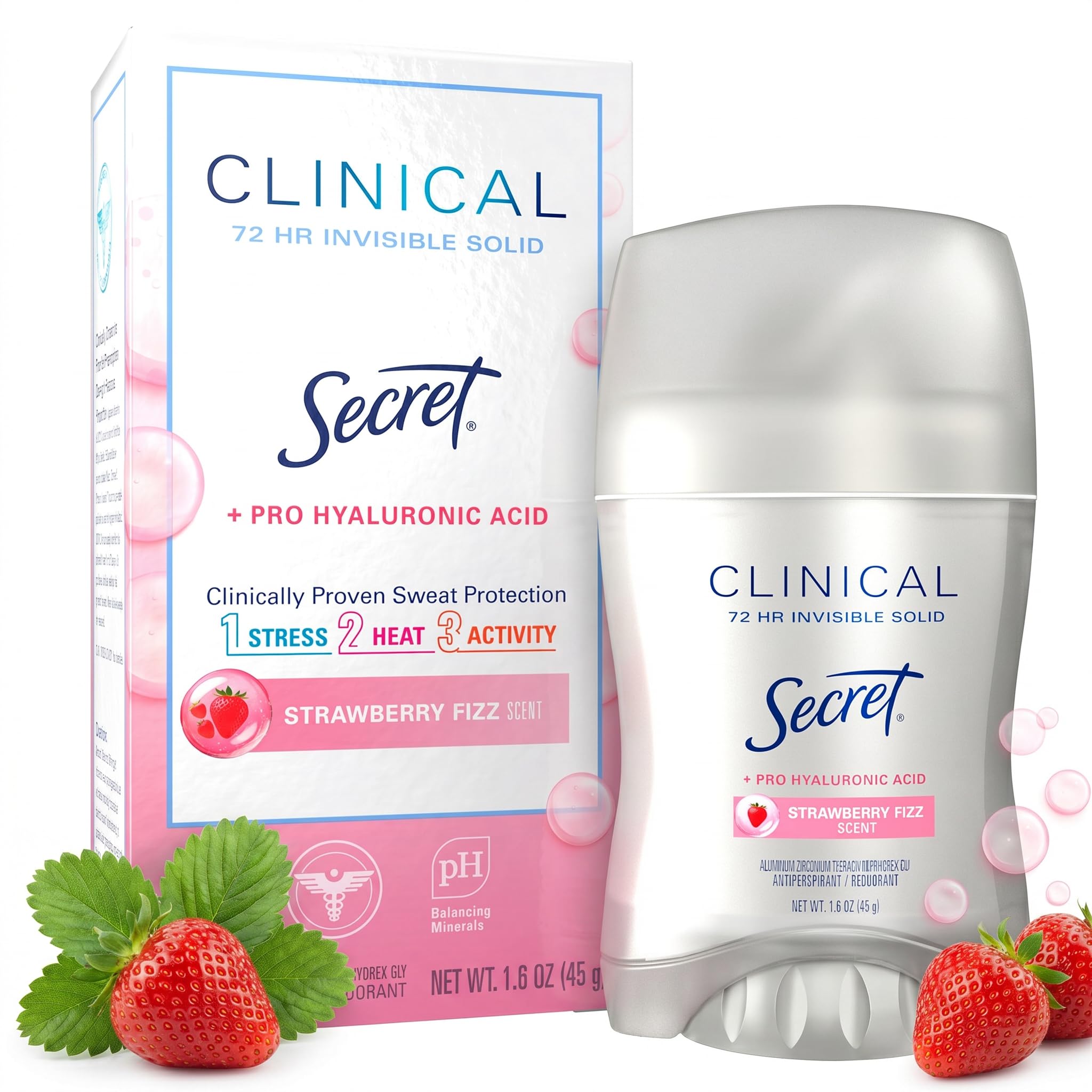Secret Clinical Strength Antiperspirant Deodorant for Women, 3X Stress Protection, 72hr Sweat & Odor Protection, Pro-Hyaluronic Acid, Invisible Solid, Strawberry Summer Fizz Scent, 1.6 oz