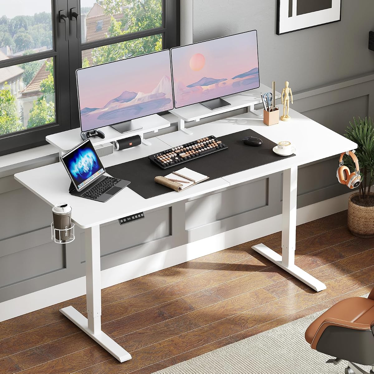 ONBRILL Standing Desk with 2 Adjustable Monitor Shelves, 63 x 24 Inch Electric Stand Up Desk with Memory Controller and Adjustable Height from 28-46 inches for Computer Workstations, All White