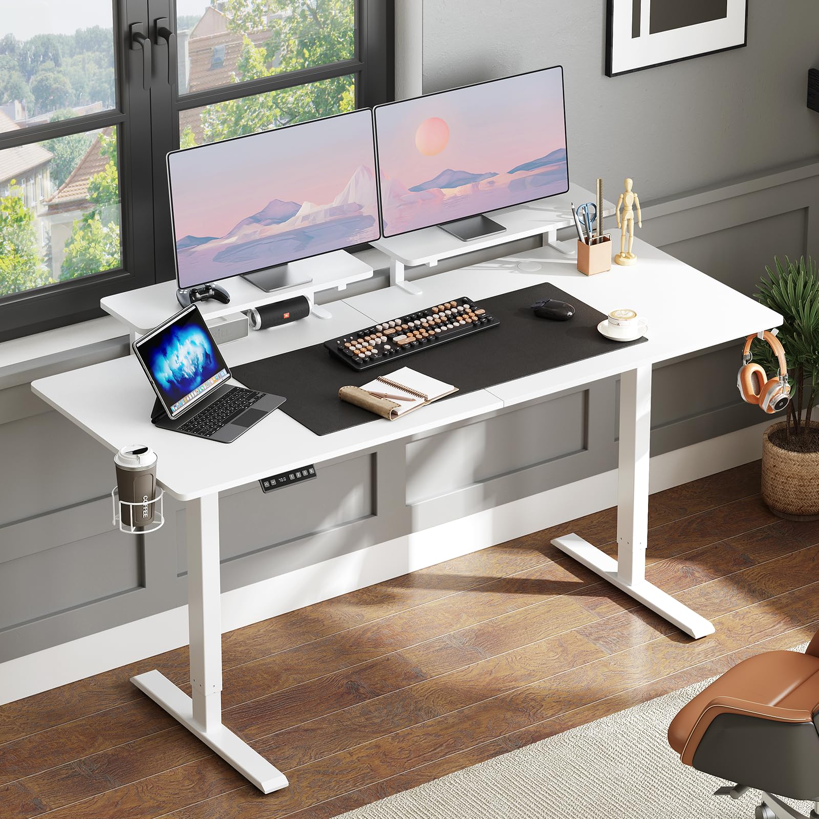 ONBRILL Standing Desk with 2 Adjustable Monitor Shelves, 71 x 24 Inches Electric Stand Up Desk with Memory Controller and Adjustable Height from 28-46