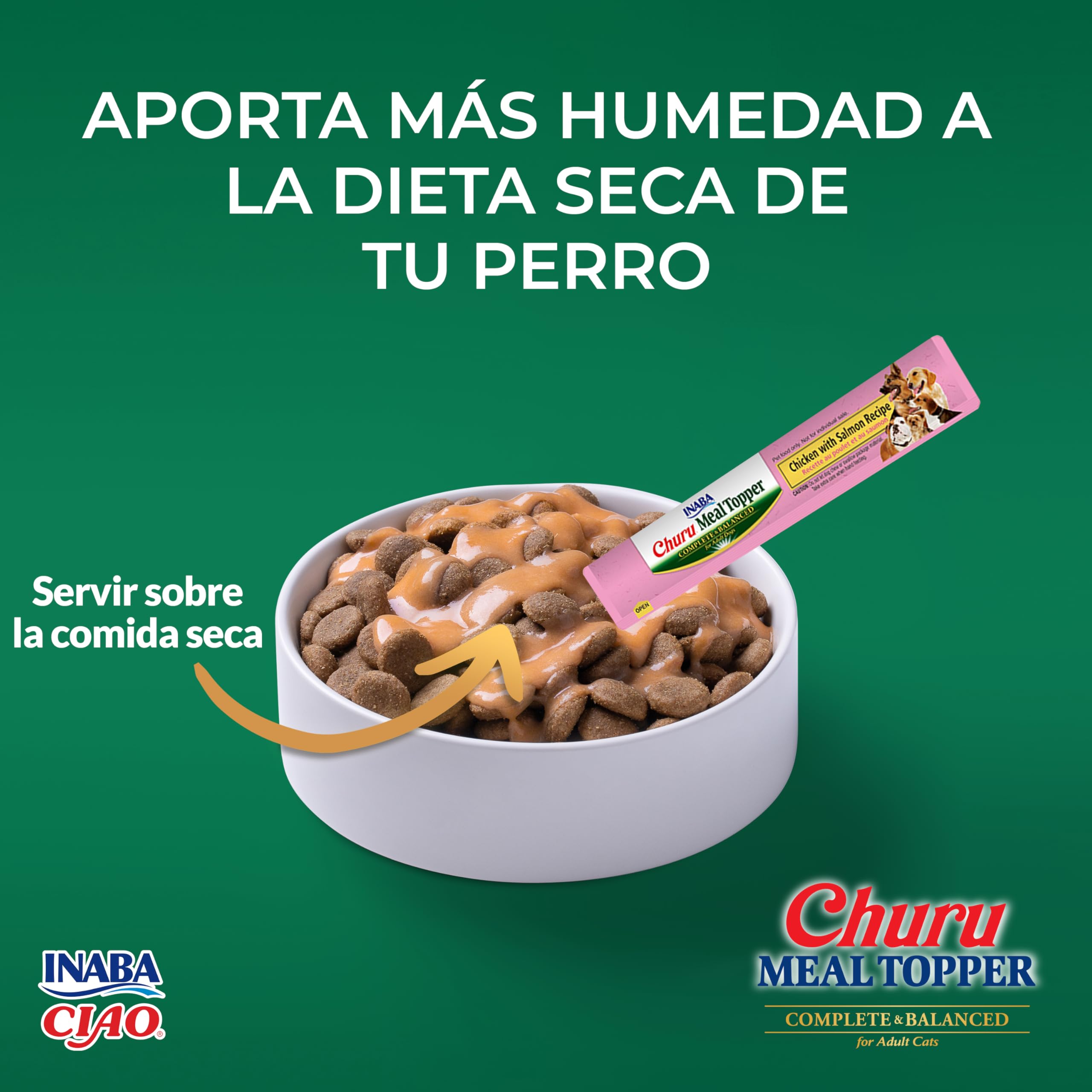 INABA Churu Meal Topper Perros Adultos – Receta Saludable de Salmón – Alimento Húmedo Completo y Balanceado con Vitaminas y Colágeno – Ideal para Mezclar con Croquetas - 672g (12x56g)