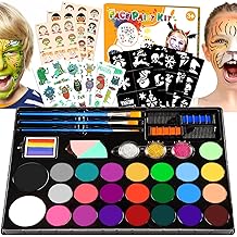 Face Painting Kit for Kids, 24 Colors Water Based Non-Toxic Face Paint with Stencils &amp; Brushes, Professional Body Makeup Set for Halloween, Birthday, Parties with Guide Book Art and Craft Art Supplies