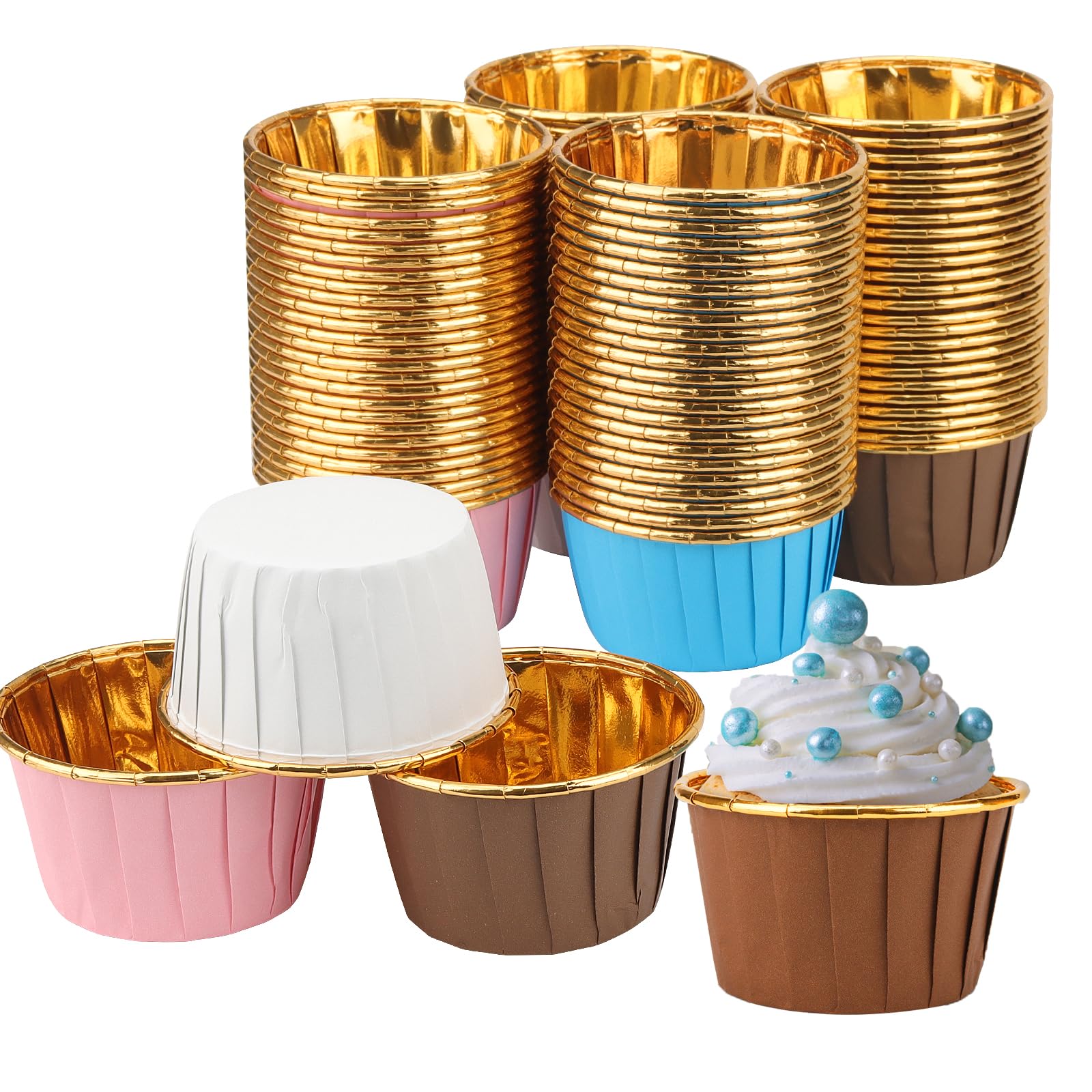 Lot de 200 caissettes à cupcakes en aluminium, 4 couleurs métalliques, mini caissettes à cupcakes de Noël pour fête d'anniversaire, mariage, cupcakes faits à la main, blanc/bleu/rose