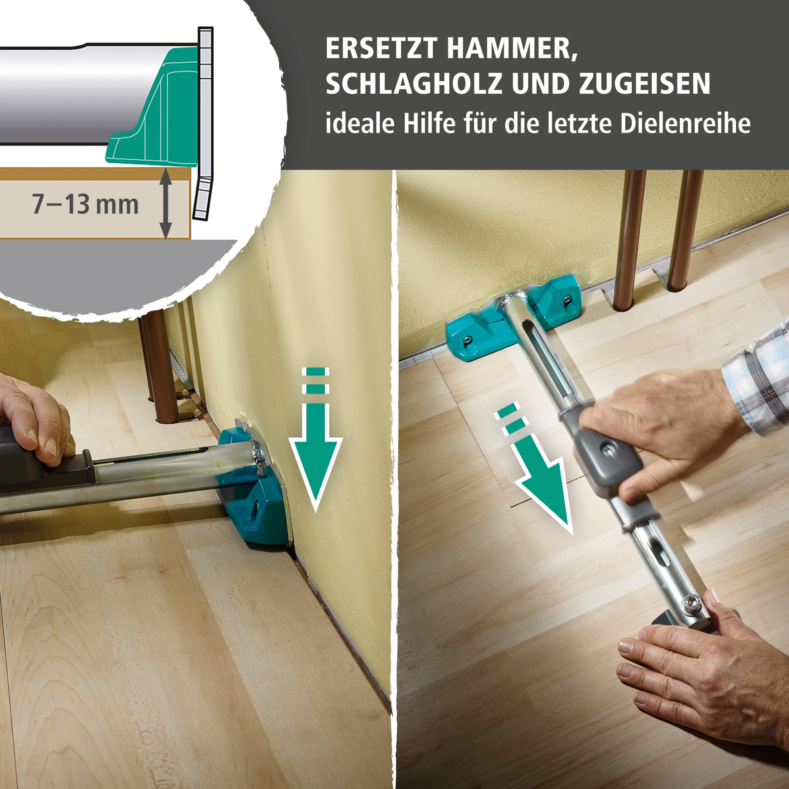 wolfcraft 3-in-1 Hammer-Zugeisen für Laminat & Parkett | Schlagholz, Hammer und Zugeisen vereint – einstellbar ab 7 mm Paneelstärke, zum Verbinden der Dielen - 6945000