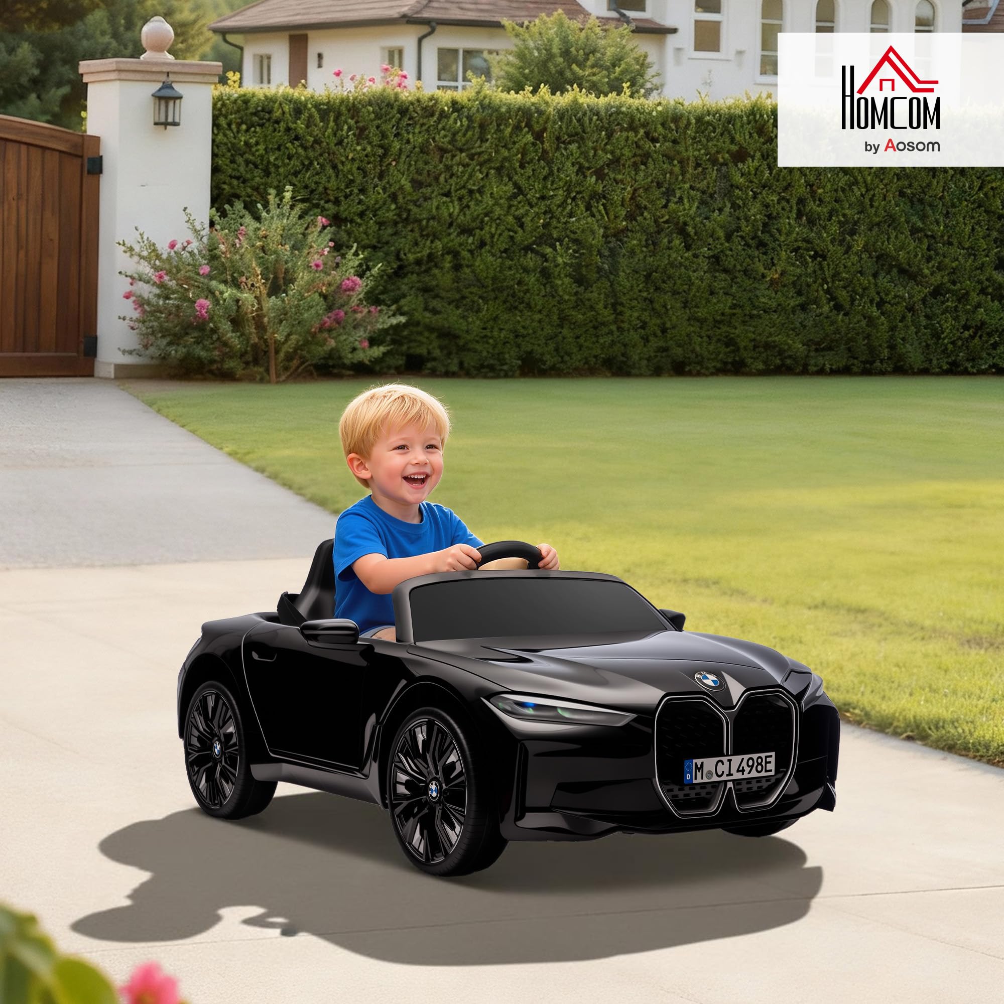 HOMCOM Macchina Elettrica per Bambini 3-6 Anni BMW I4 12V, Nero | Telecomando, Clacson e Fari, Macchinina Giocattolo, PP e Metallo, 115x67x45 cm