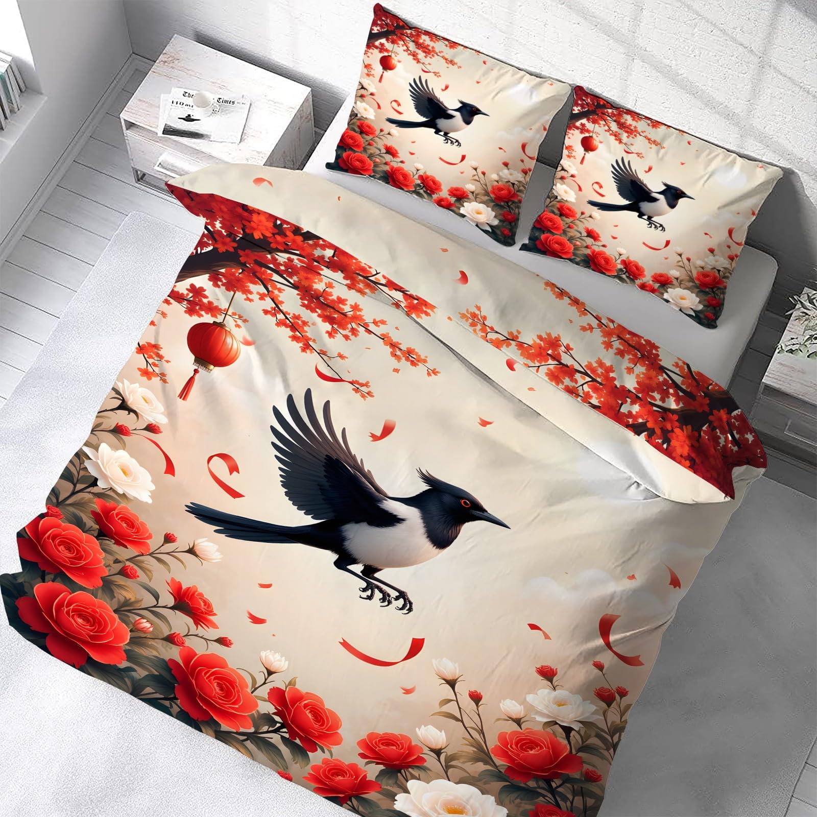 Housse de couette 200x200 cm au motif fleurs et oiseaux pour lit douillet