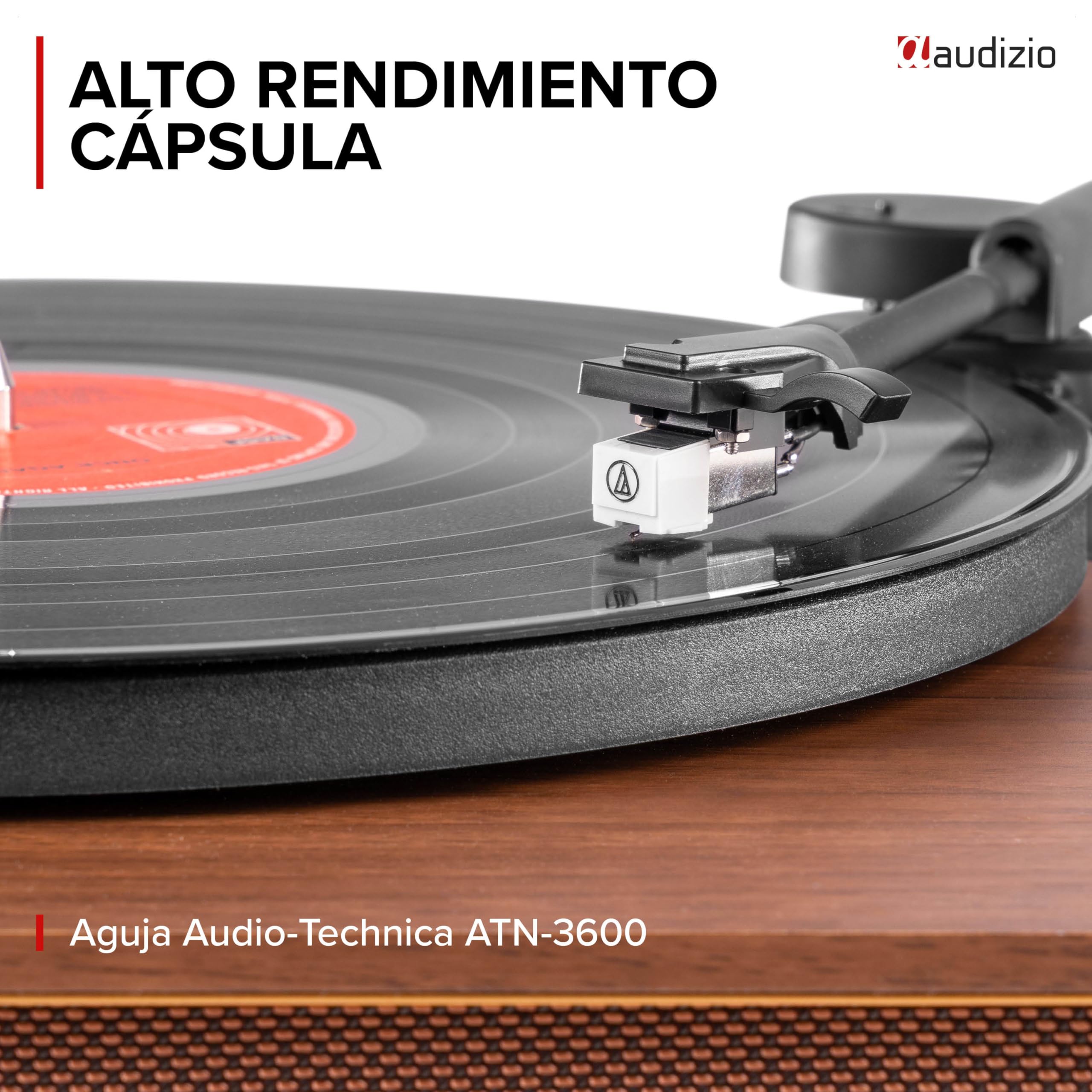 Audizio Laredo – Tocadiscos de Vinilo Bluetooth con Altavoces HiFi 160W, cápsula Audio Technica, Gira Discos con Plato de 29 cm, giradiscos Vinilo con RCA y BT in/out, Acabado en Madera