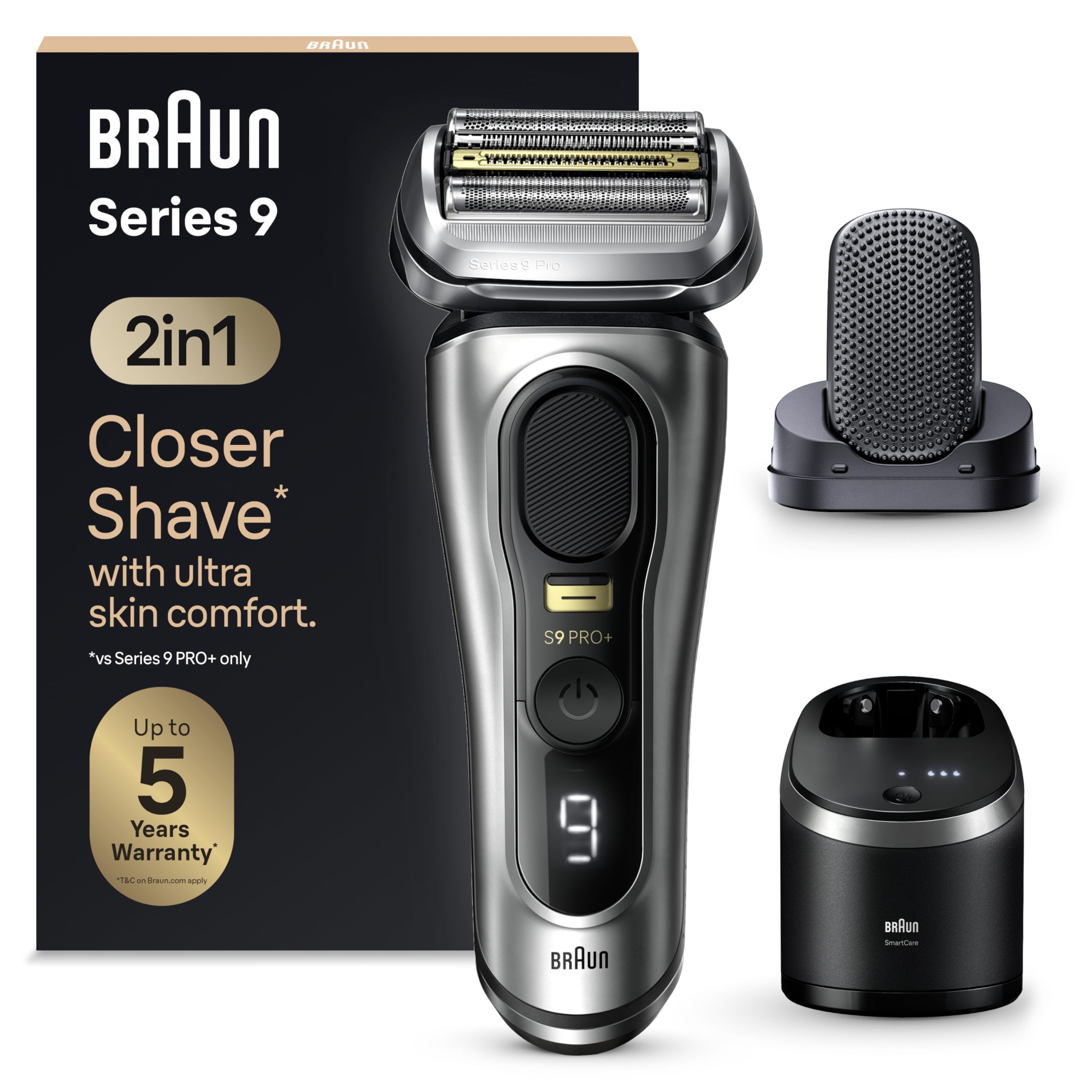 Series 9 PRO+ Electric Shaver, 5 Pro Shaving Elements and Shave-Preparing ProComfort Head for Ultimate Closeness and Skin Comfort, Wet or Dry Use, 60min Battery Runtime, 9597cc Galvano Silver