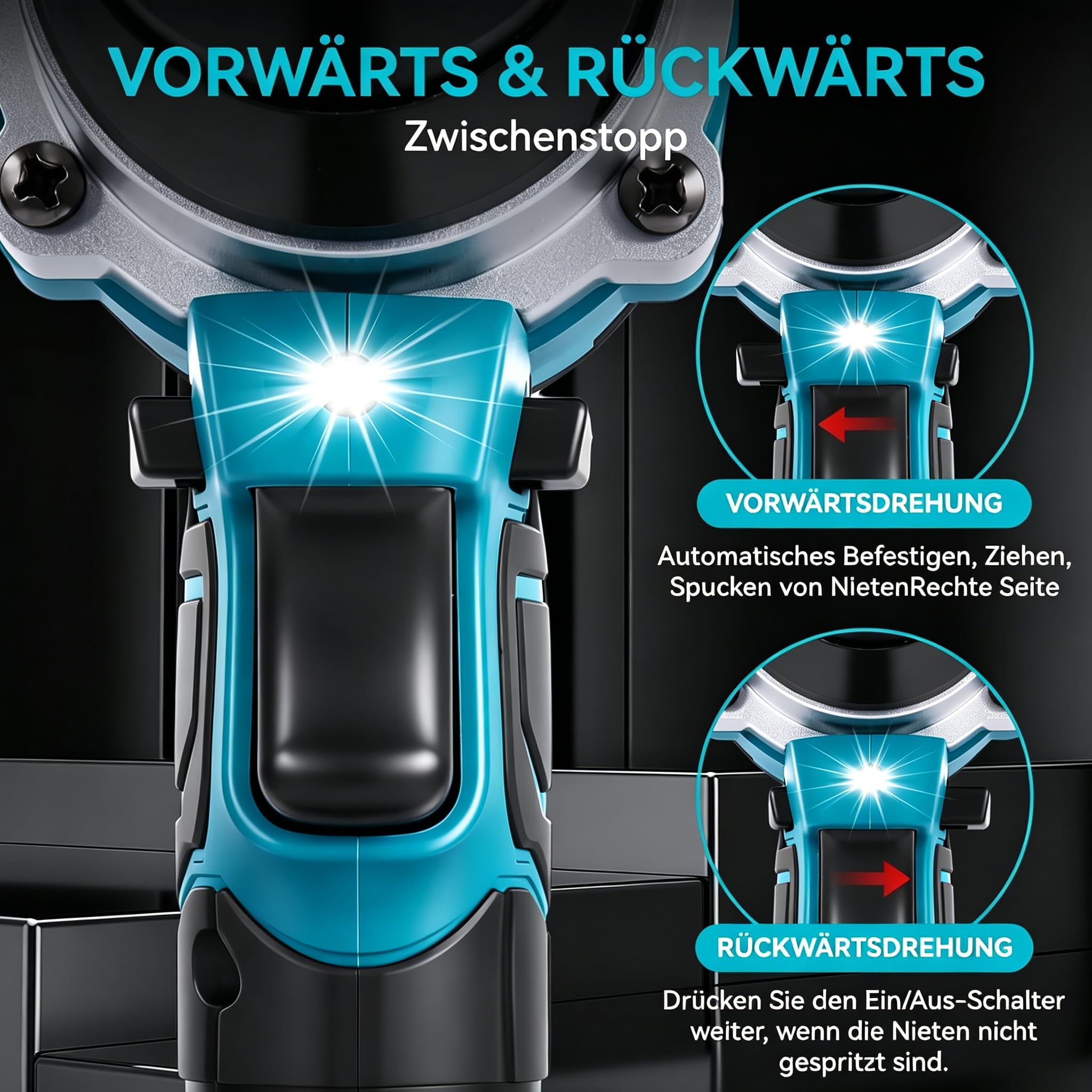 Yofidra Akku Nietzange, Nietpistole Bürstenlose Automatischer Elektrische Popnietenzange, Mit 2x2,000 mAh Akku, für Stahl- & Aluminium-Blindnieten (2,4-5,0 mm), 20 mm Hublänge