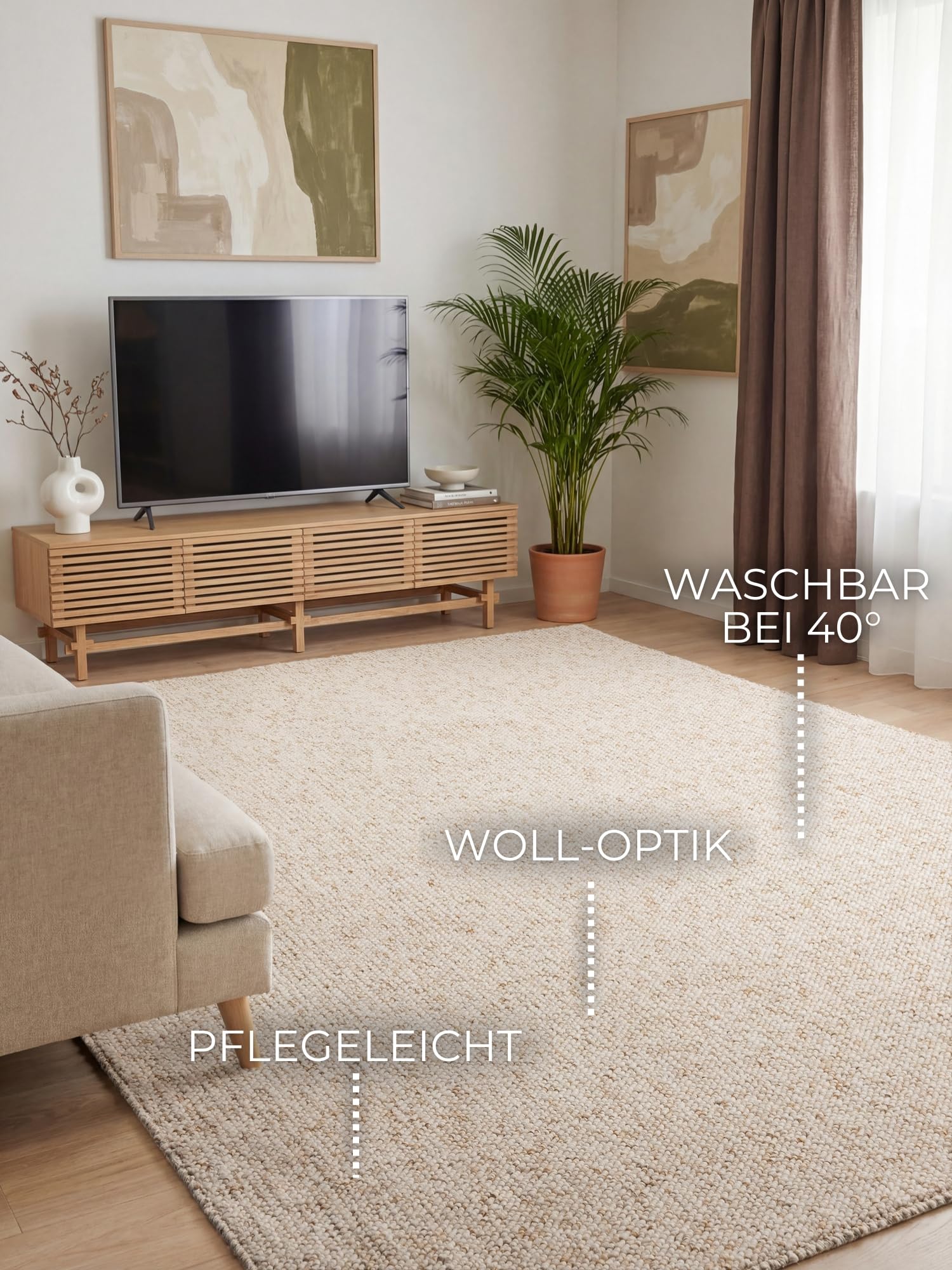 ELLE Decoration Rocco Tapis Doux à Tissage Plat, Lavable en Machine, Aspect Laine, Durable et Durable, Moderne, Look scandinave, pour Salon, Salle à Manger, Chambre à Coucher, Couloir - Crème - 160 x