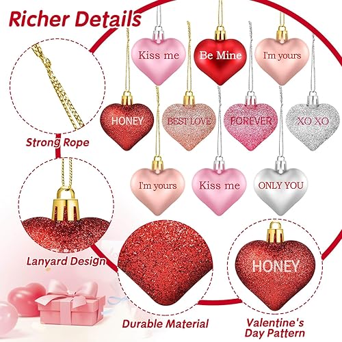 Miniatura 5 de Shynek 48 adornos de corazón para el día de San Valentín para árbol, bolas de corazón de San Valentín con palabras de amor dulces para decoraciones