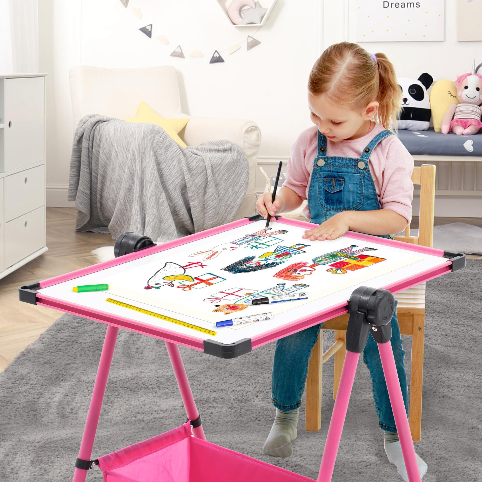 Lavagna Bambini con Cavalletto Pieghevole Lavagna per Bambini Double Face Regolabile in Altezza Girevole a 360° Cavalletto Pittura per Bambini 3 Anni Regalo per Ragazzi e Ragazze (Rosa)
