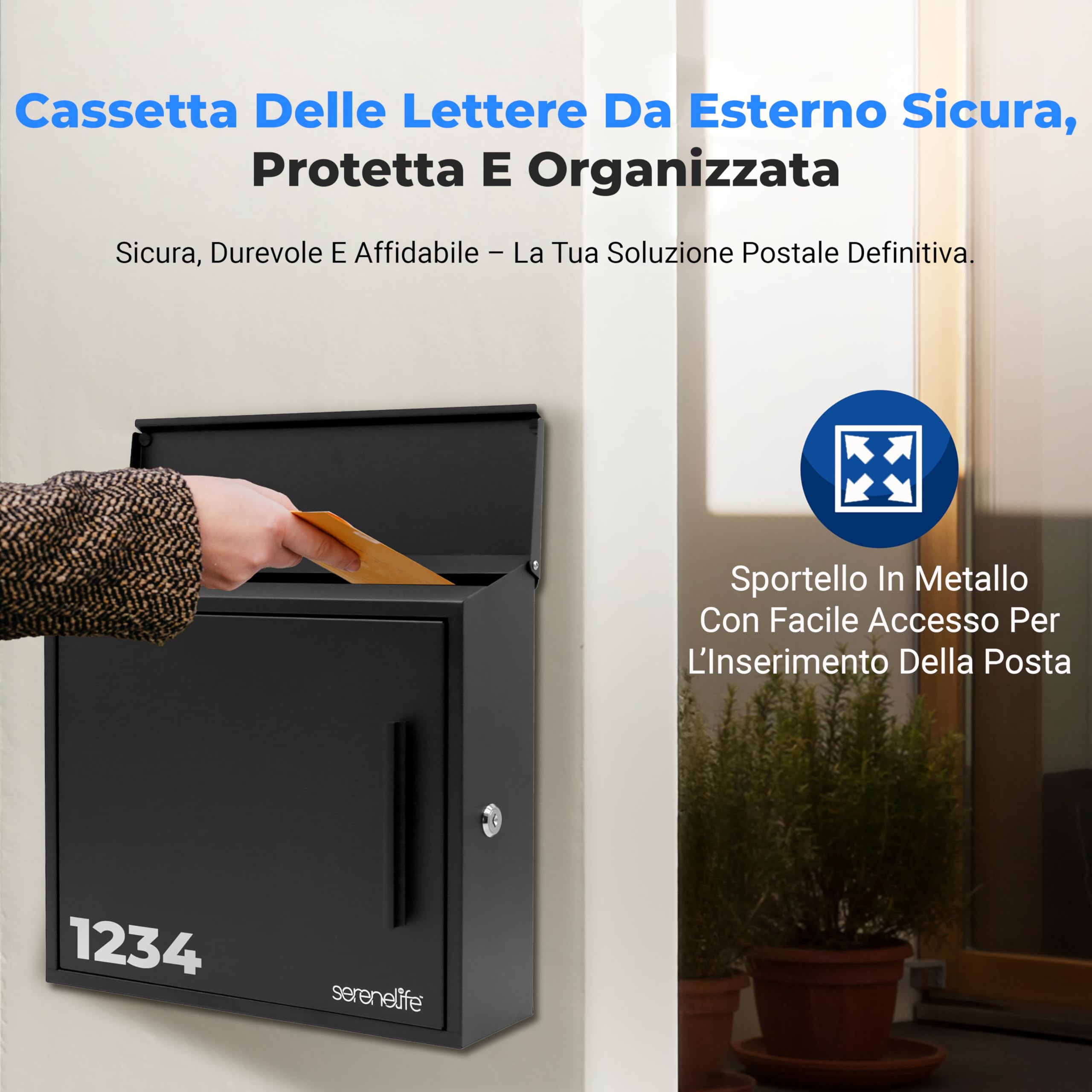 SereneLife Cassetta Postale da Esterno con Serratura, Cassetta Postale Facile Installazione da Parete, 35x11,5x33 cm, per Casa e Ufficio, Nero