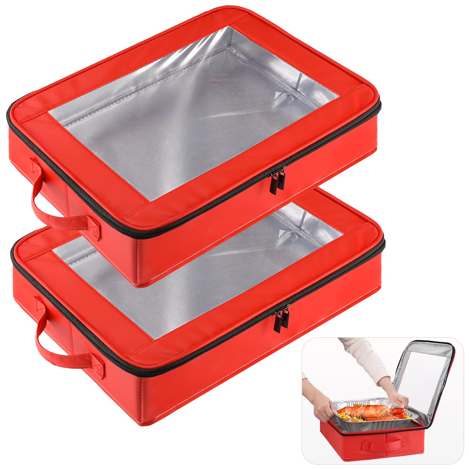 OUTXE Confezione da 2 contenitori per padelle in alluminio da 22,9 x 33 cm, con coperchio, in pelle PU con manico, vassoio da portata per alimenti, impilabile, in alluminio, per viaggi, potlucks
