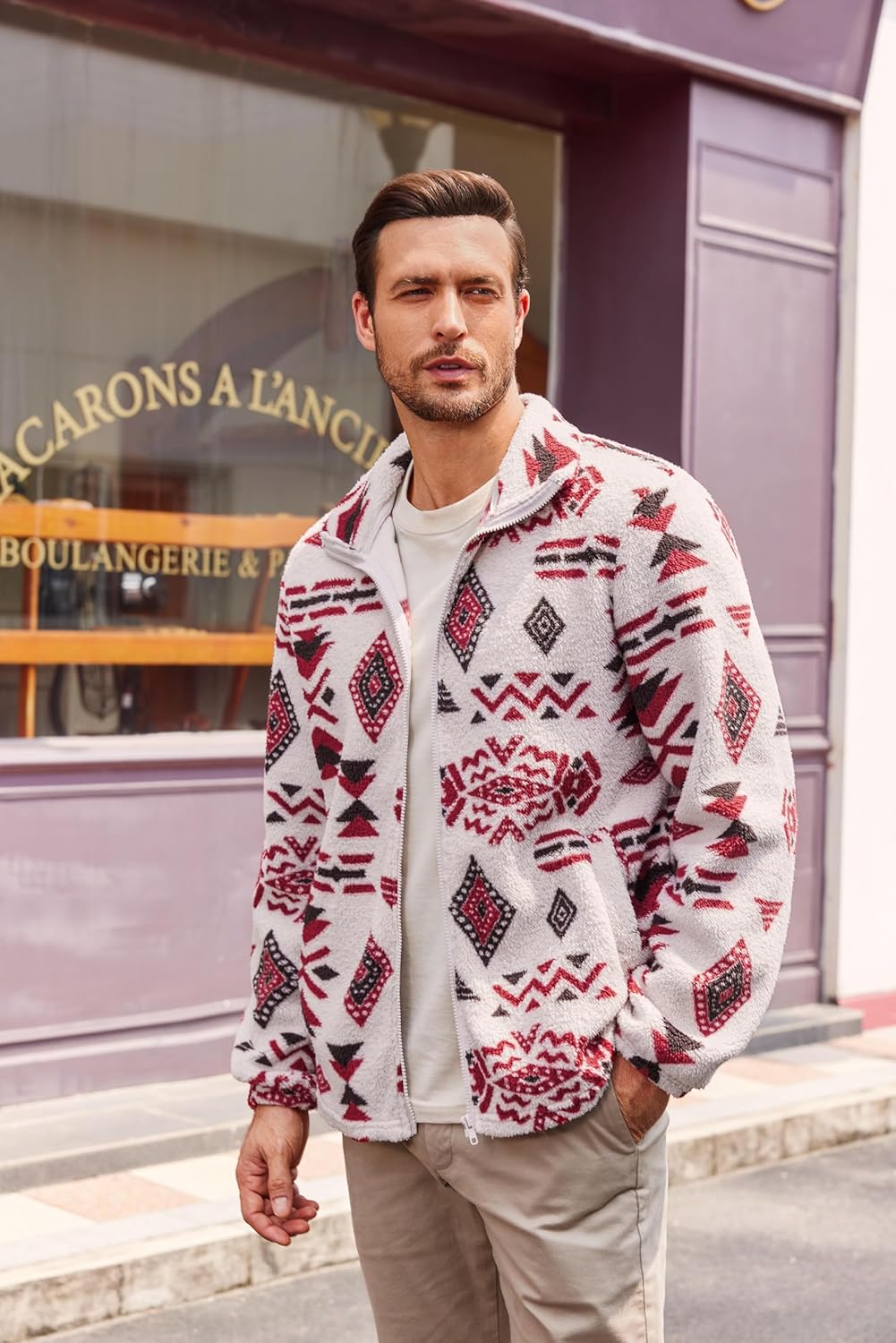 Runcati Mens Aztec Fuzzy Sherpa Fleece Jacket Casual Full Zip Up Printed Coat Fall Winter Soft Outwear with Pocket - Image 4