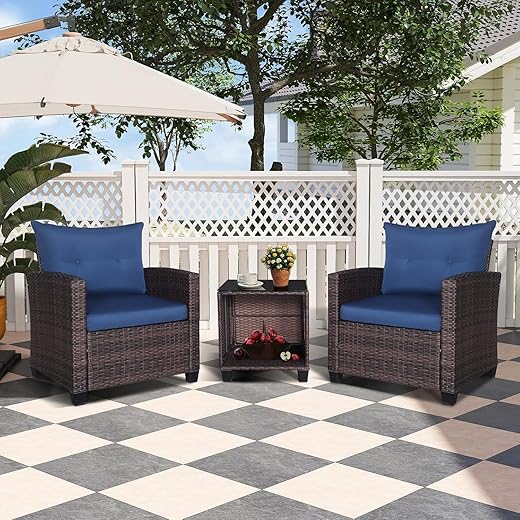3 Pieces Patio Furniture Set, Outdoor PE Rattan Conversation Set with 2 Outdoor Chairs and Tempered Glass Table, Patio Furniture for Garden Poolside Balcony