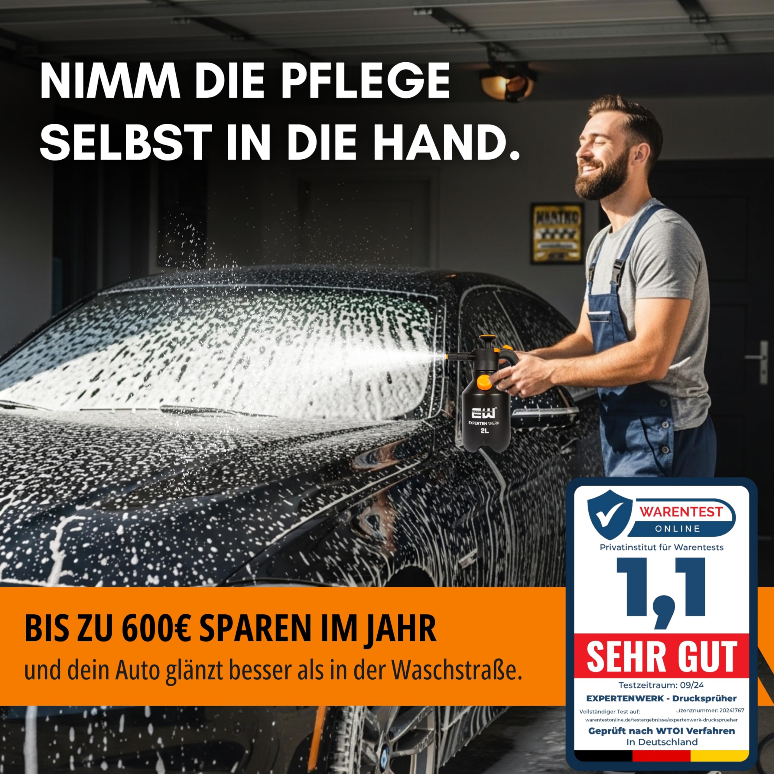 EXPERTENWERK Premium Schaumsprüher 2L - Drucksprüher mit individuell anpassbarem Schaum & Überdruckventil für Autowäsche. Auto Schaum-Sprüher, Pumpsprüher mit Schaumdüse für Kfz, Haushalt, Gartenmöbel