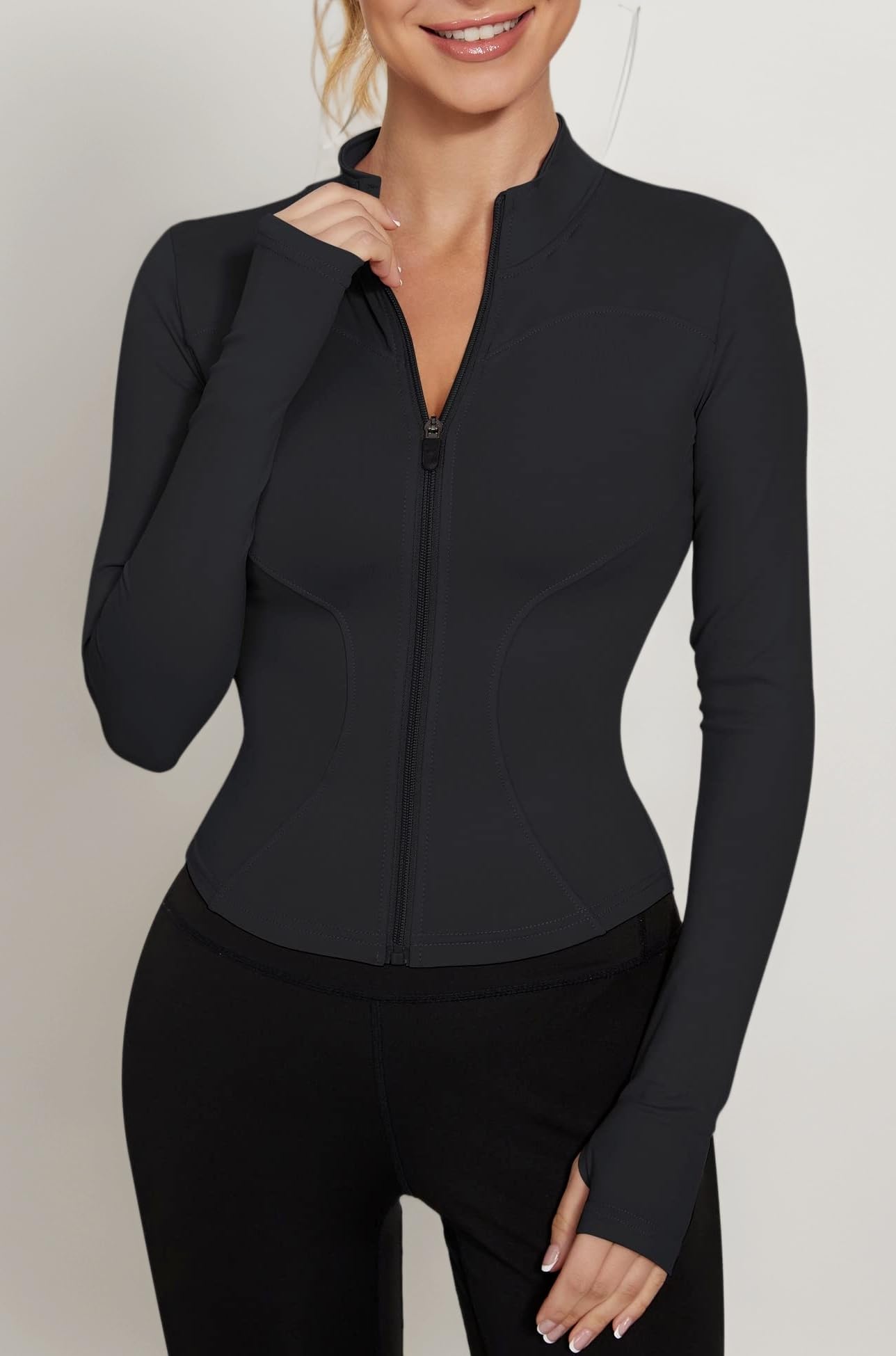 LUYAA Women's Workout Jacket Lightweight Zip Up Yoga Jacket Cropped Athletic Slim Fit Tops, Black, Medium, Black