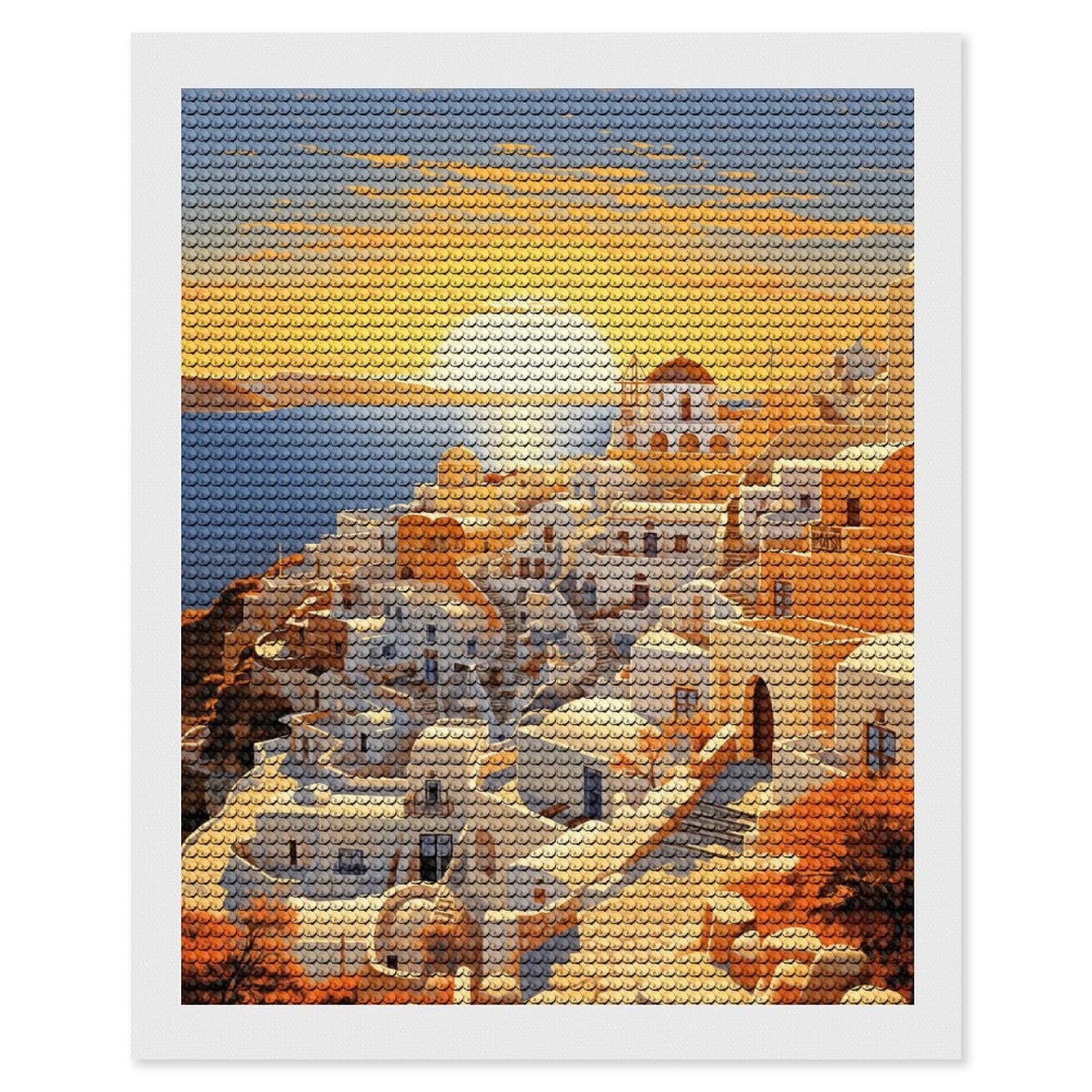 Junmoney Santorini Village at Sunset Diamond Painting Canvas Kit 16"x20", Adhesive Canvas, Living Room Decor, Farmhouse Decor, Winter Craft
