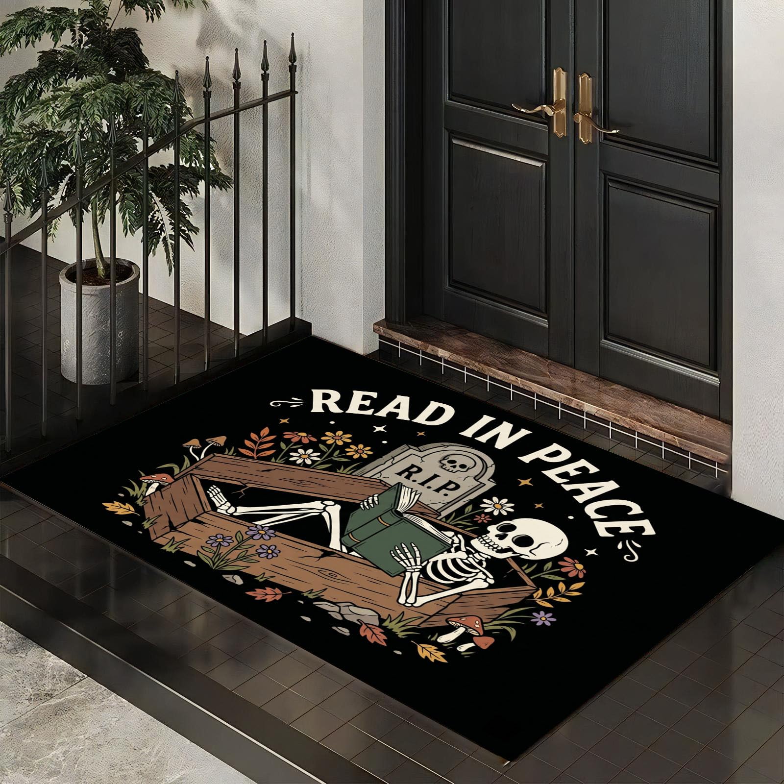 Ultradünne Lustiger Leseschädel Fußmatte Für Innenbereich, 80X120Cm Waschbar Teppich Für Eingangsbereich, Cartoon-Friedhofsplakat Schmutzfänger Fussmatten, Schwarz rutschfeste Eingangsmatte