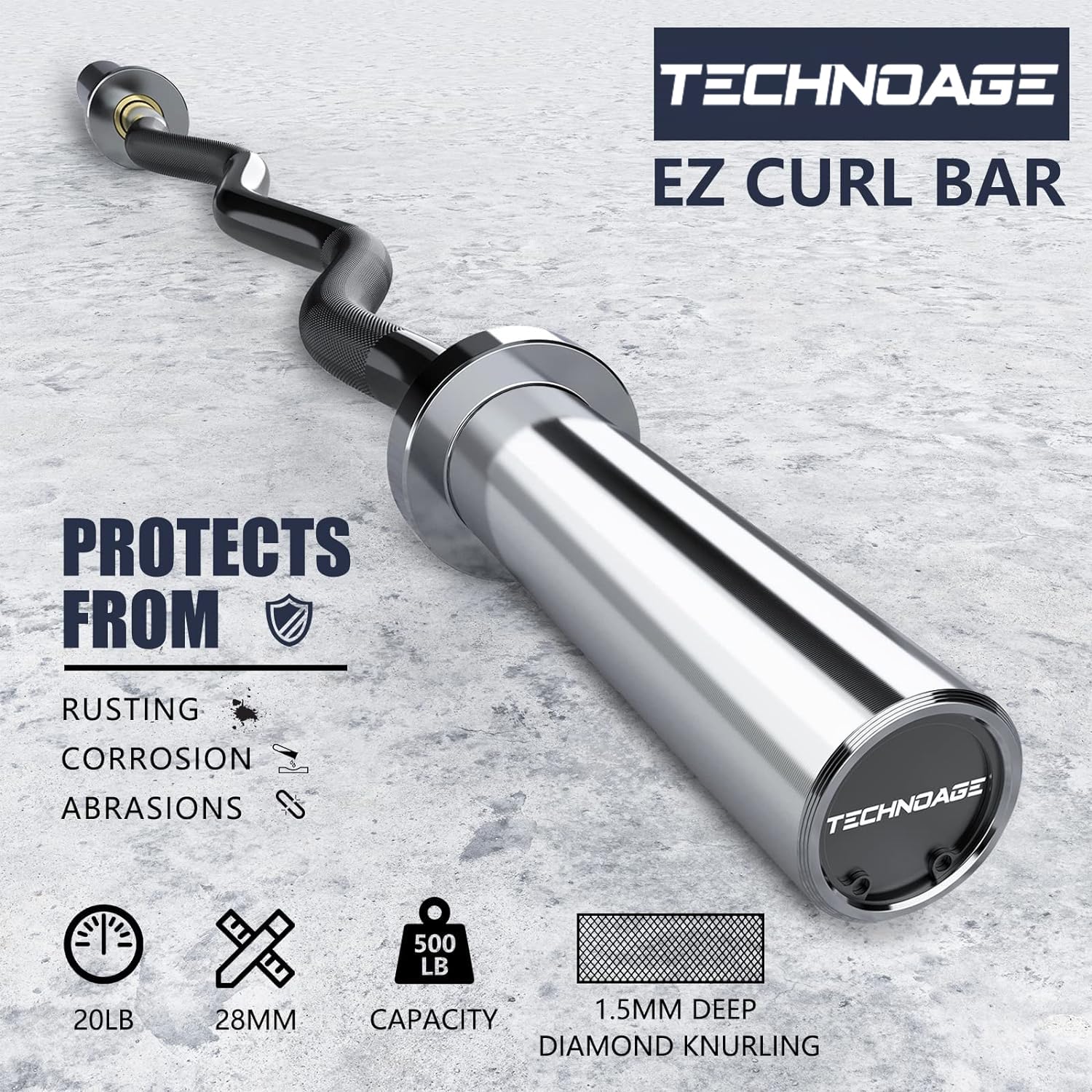 TECHNOAGE Olympic EZ - Barra de rizo de 47 pulgadas (capacidad de 350/500 libras), 20 libras, barra de acero sólido, acabado cromado con funda de cobre y rodamiento para placas de 2 pulgadas