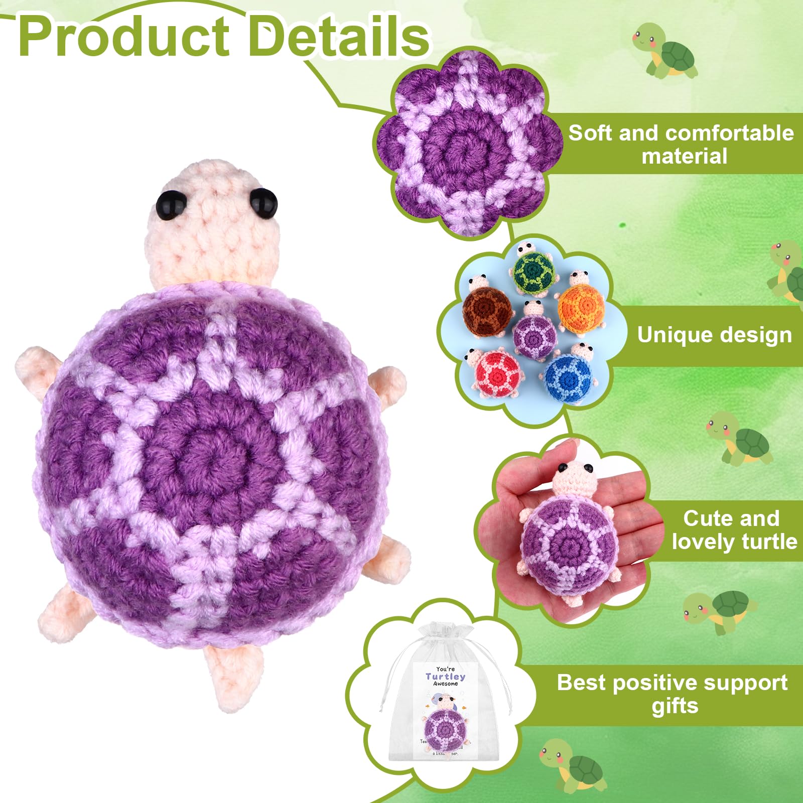 6 Sets You're Turtley Awesome Gifts Funny Crochet Turtle Gift Handmade Crochet Animals with Greeting Cards Bags Employee Appreciation Gifts for Coworker Staff Volunteer Teacher Inspirational - Image 3