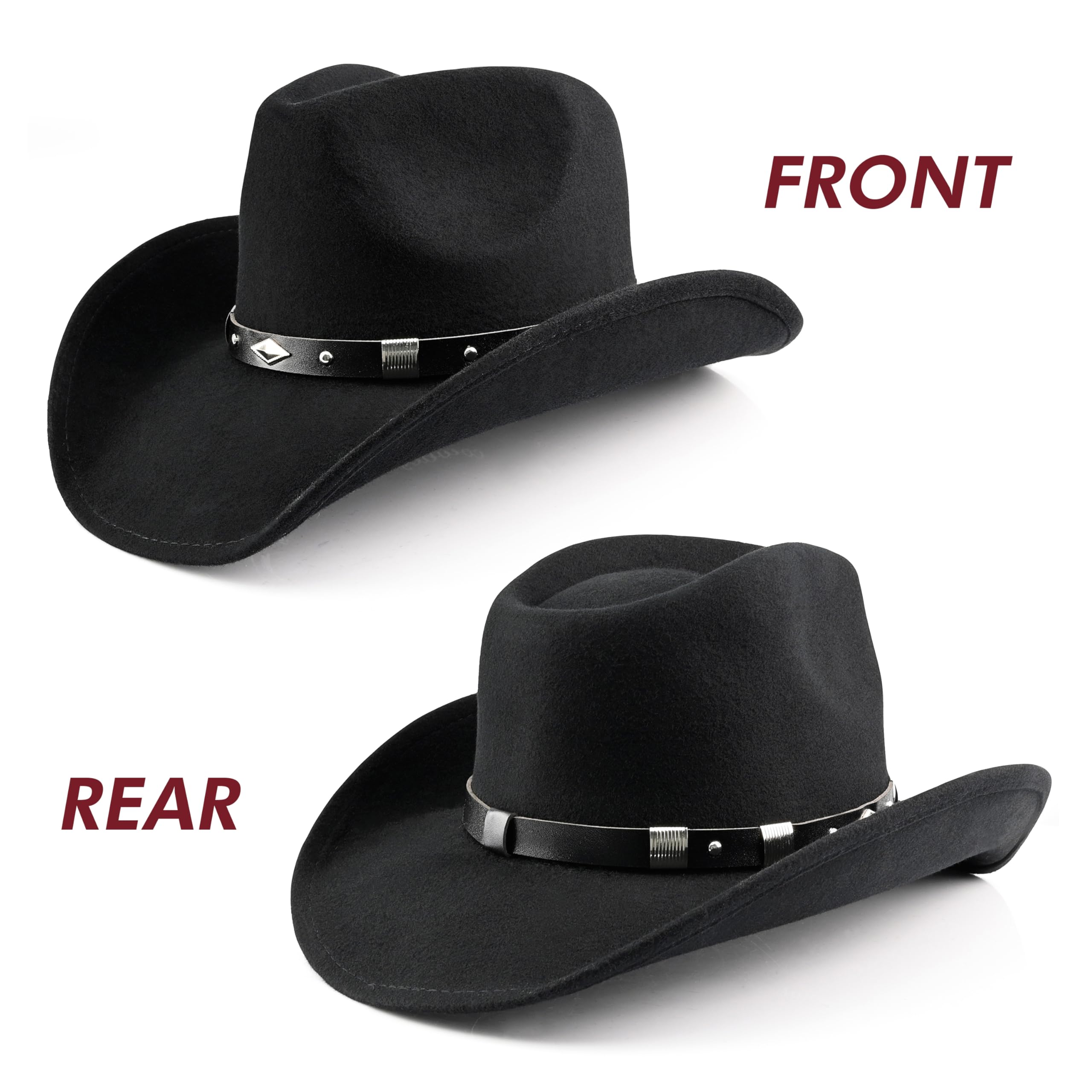 100 % lana para hombre y mujer, sombrero vaquero clásico negro, sombrero de vaquera, sombrero de fieltro con dos bandas decorativas